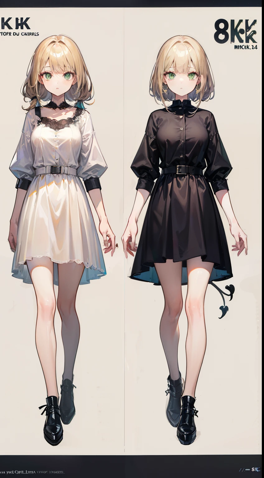 (((8K,top-quality)))1 young girl, character sheets, concept-art, full body Esbian, (masterpiece:1.2), (Top image quality:1.3), 1girl in, is standing, length hair,Adulterous demons,Beige hair,green eyes arrive,obscene stamp