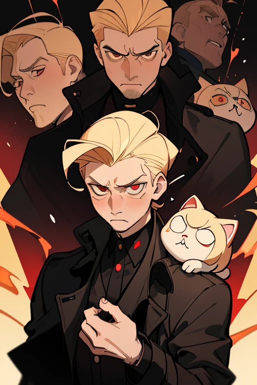 (Best quality at best, tmasterpiece), 1 Middle-aged man, No beard upper part of body, Particle, wounded, bloods, combed blonde hair,short detailed hair,coiffed blonde hair,a black trench coat,Red pupils,cat ear,Indifferent eyes