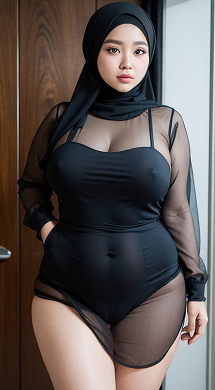 Very beautiful Malay woman, chubby hijab, curvy body, big round breasts, wearing a see-through dress, visible underwear,