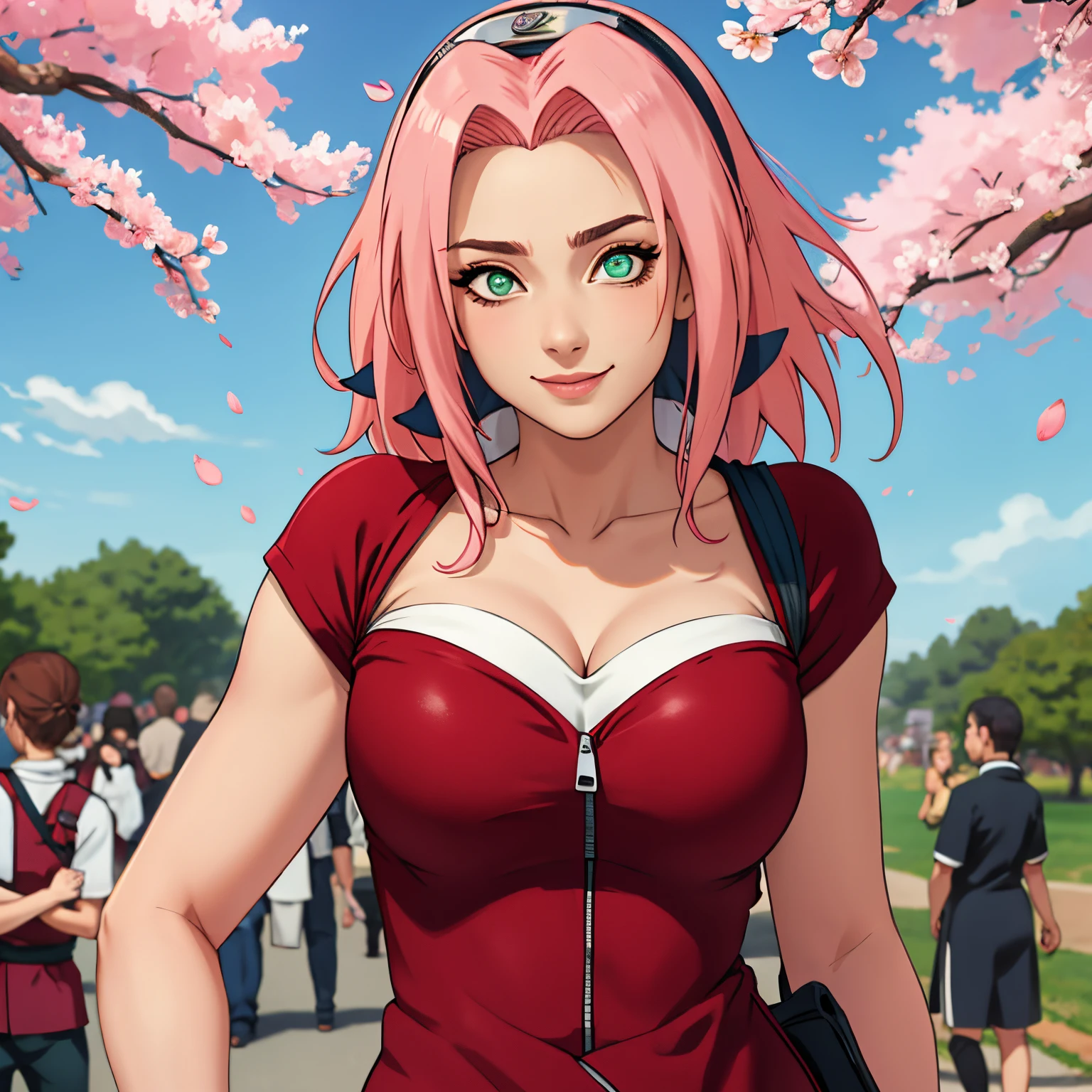 tmasterpiece, Best quality at best, 1girll, Sakura Haruno, Large breasts,sexy ninja suit attire,(cleavage),(upperbody closeup),Raised sexy,is shy,ssmile,with pink hair, long whitr hair, (Green eyeballs:1.4), Forehead protection, the cherry trees,Cherry blossoms flying,Red clothes,Zipper half