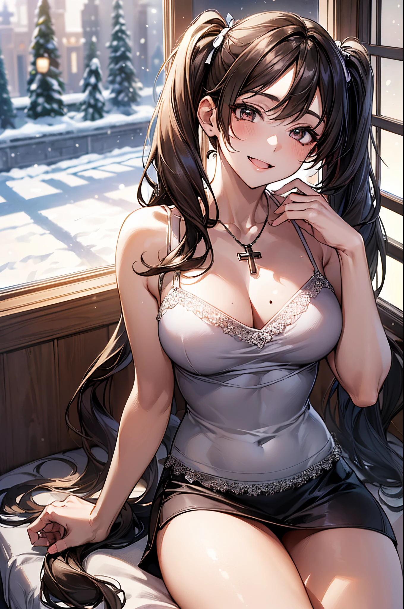((((perfect anatomy, super detailed skin)))), 1 girl, japanese, high school girl, shiny skin, large breasts:0.5, watching the view, 
beautiful hair, beautiful face, beautiful detailed eyes, (long hair:1.7, twintails:1.5), brown hair, 
beautiful clavicle, beautiful body, beautiful chest, beautiful thigh, beautiful legs, babyface, mole under eye, 
((camisole, mini skirt), cross necklace), seductive thighs, , 
((smile:1.5, open your mouth wide)), , 
(beautiful scenery), modern architecture, living room, carpet, sitting floor, window, winter, night, christmas, (christmas tree), snow, snowfall:1.5, freezing weather, frost, 
(8k, top-quality, masterpiece​:1.2, extremely detailed), (photorealistic), beautiful illustration, cinematic lighting,