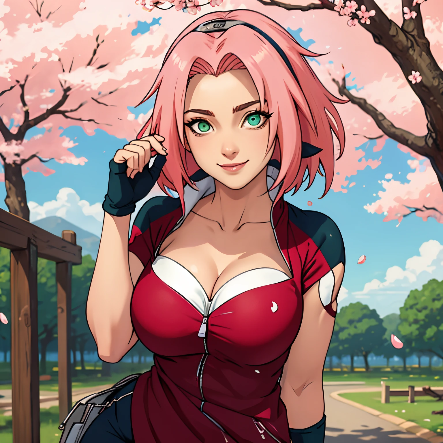 tmasterpiece， Best quality at best， 1girll， Sakura Haruno， Large breasts，sexy ninja suit attire，（cleavage)，（upperbody closeup)，Raised sexy，is shy，ssmile，with pink hair， long whitr hair， （Green eyeballs:1.4)， Forehead protection， the cherry trees，Cherry blossoms flying，Red clothes，Zipper half