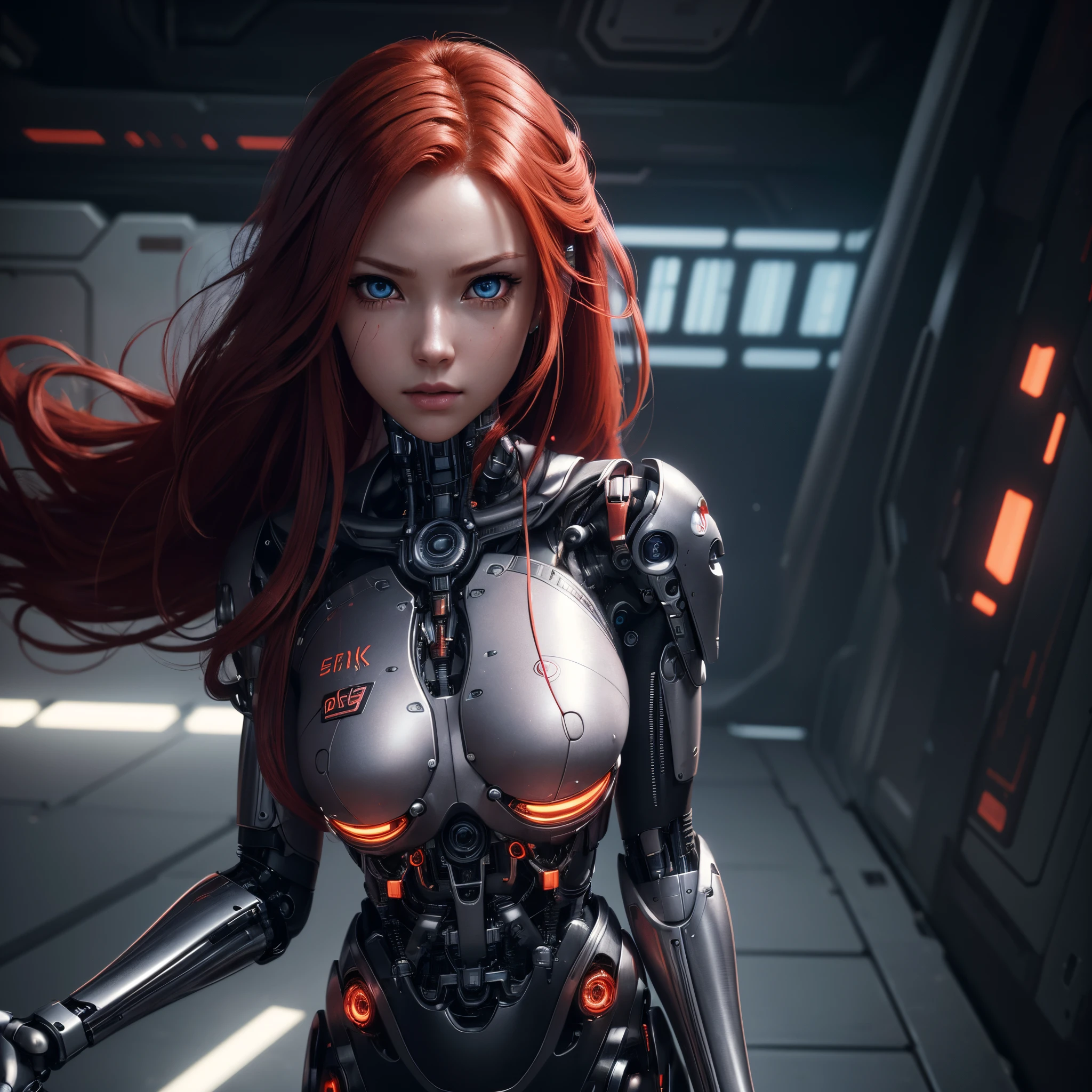 (extremely detailed CG unity 8k wallpaper), (finely detailed beautiful eyes: 1.2), (1 girl), (cyborg:1.3), (high-tech), (long crimson hair:1.2), embarrassed, (anime:1.2), Futurism, depth of field, (masterpiece:1.2), (best quality), 4K, high details