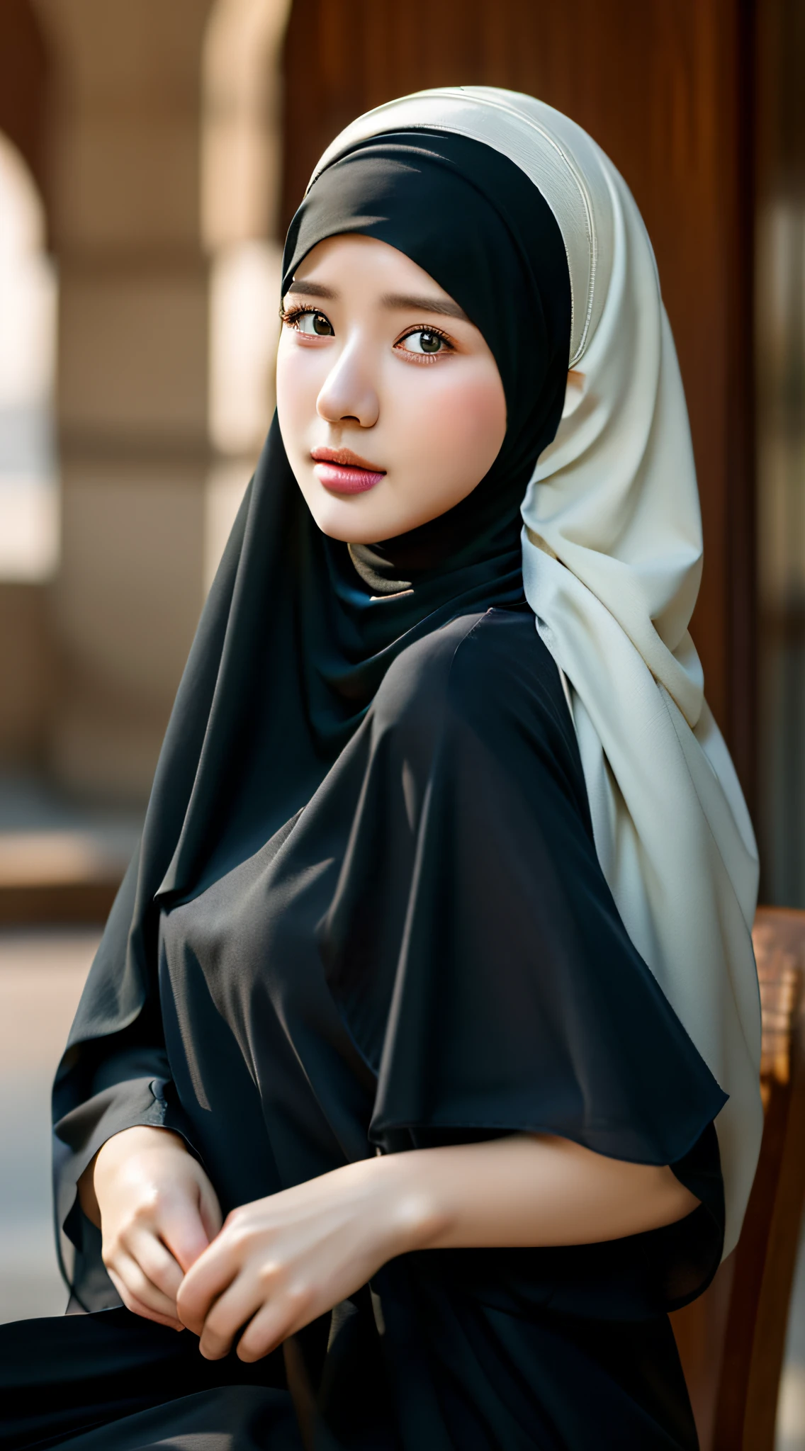 1girl, solo, beautiful face, high detailed realistic eyes, double eyelids, high detailed realistic pupils, (upon body from head to waist:1.36), (wearing hijab:1.37), (moslem headscarf:1.37), reading glasses, sitting alone on a long chair, amazing mosque park background, taj mahal, best quality, masterpiece, highres, black and white moslem female dress, Beautiful face, (upon body from head to waist:1.35), tyndall effect, photorealistic, dark studio, two tone lighting, 8k uhd, dslr, soft lighting, high quality, volumetric lighting, candid, Photograph, high resolution, 4k, 8k, Bokeh, (hyperrealistic girl), (illustration), (high resolution), (extremely detailed), (best illustration), (beautiful detailed eyes), (best quality), (ultra-detailed), (masterpiece), (wallpaper), (photorealistic), (natural light), (rim lighting), (detailed face), (high detailed realistic skin face texture), (anatomically correct), (heterochromic eyes), (detailed eyes), (sparkling eyes), (dynamic pose), (hair completely covered by the hijab:1.35)