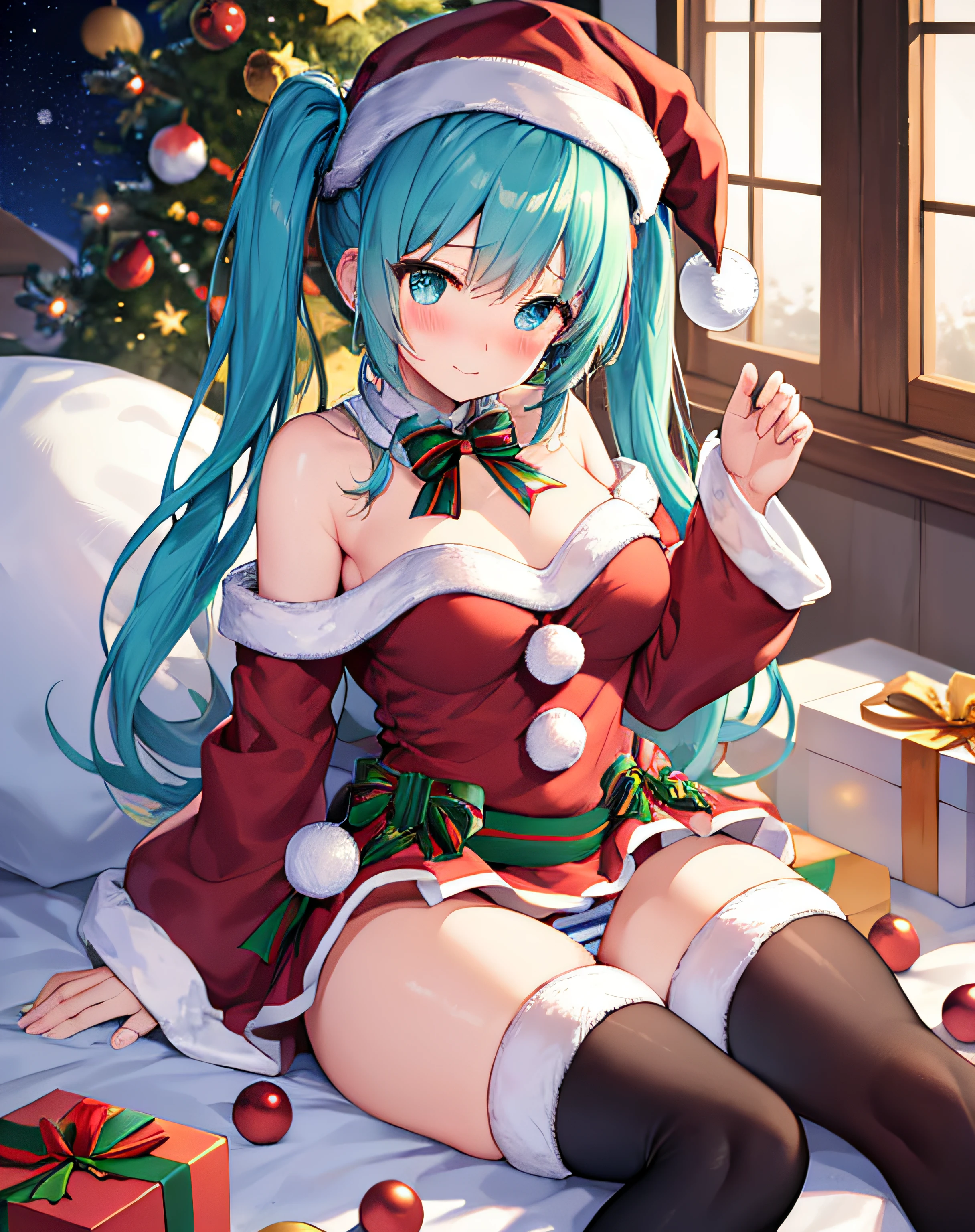 masterpiece、Top image quality、超A high resolution、miku hatsune、blue hairs、Twin-tailed、Blushing、Cute and shy、santa costume、Santa Costume Mini Skirt、Wearing a Santa Hat、large firm breasts、well-shaped breasts、knee sox、Striped panties、There are some small gift boxes、Night、Christmas