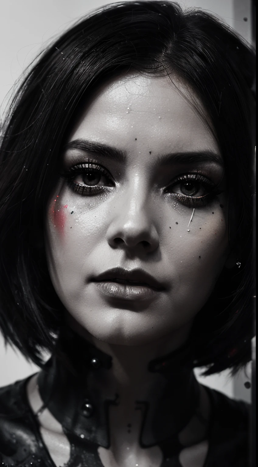 a digital painting of a woman with black and white makeup, cyberpunk art by Anna Dittmann, cgsociety, gothic art, dystopian art, detailed painting, behance hd, deep photography, Ilford HP5 film, crushed blacks, depth of field, dark photo, film grain, shadows, natural light