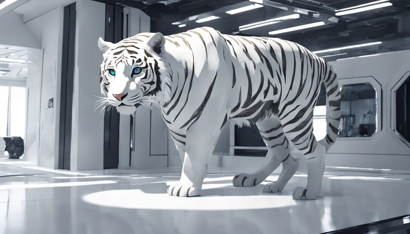 (Best quality,4K,Super quality,very refined,super complex,tmasterpiece),(( A white tiger)),(Correct anatomy),Clear facial features,White futuristic style interior design space