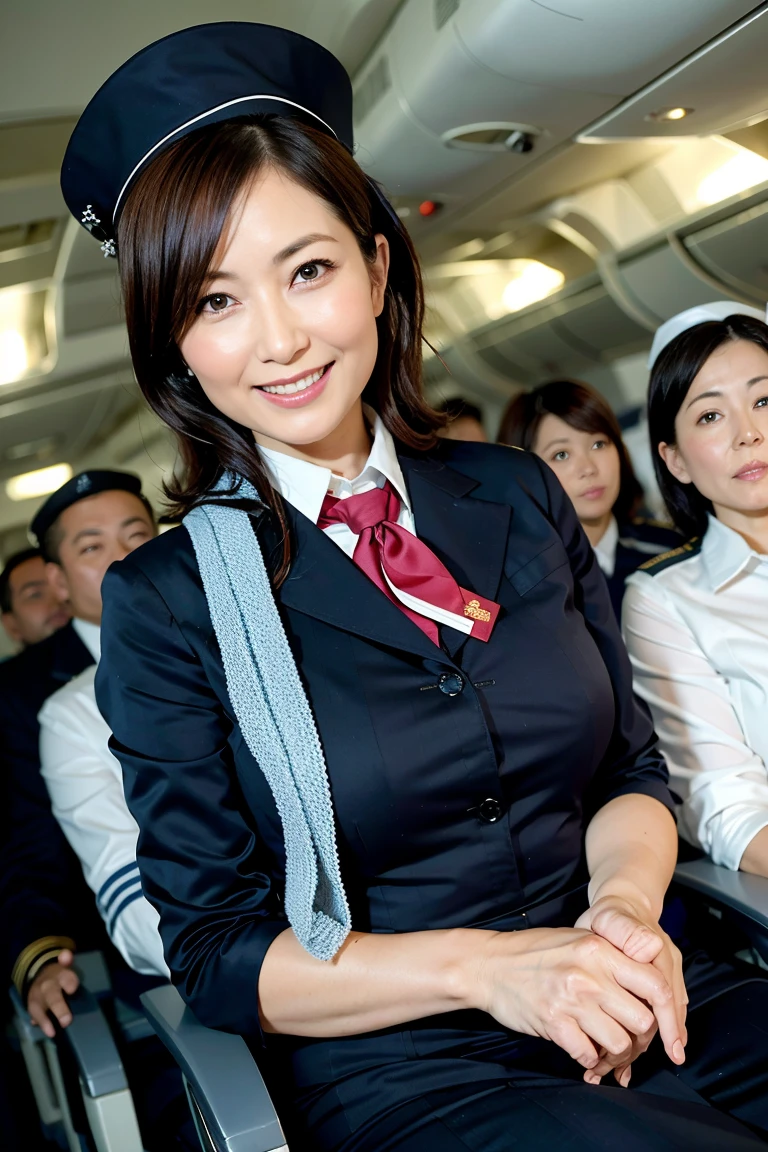 1beautiful womanl, 28years、hyperdetailed face、Detailed lips、A detailed eye、double eyelid、(Black bob hair、Smiling while walking gracefully down the aisle)、(Stewardess uniform:1.2)、((colorful scarf)) (Glamorous body)、(Colossal tits)、((short-cut hair))、（large full breasts）（big butts）（Plump body）（plump body shape）（ large full breasts）（Colossal tits）((J-Cup))、highs thighs thighs thighs, Perfect fit, Perfect image realism, Background with: (Business Class aisle on airplanes:1.2), Cowboy Shot, Meticulous background, detailed costume, Perfect litthing、Hyper-Realism、(Photorealsitic:1.4)、8K maximum resolution, (​masterpiece), ighly detailed, Professional