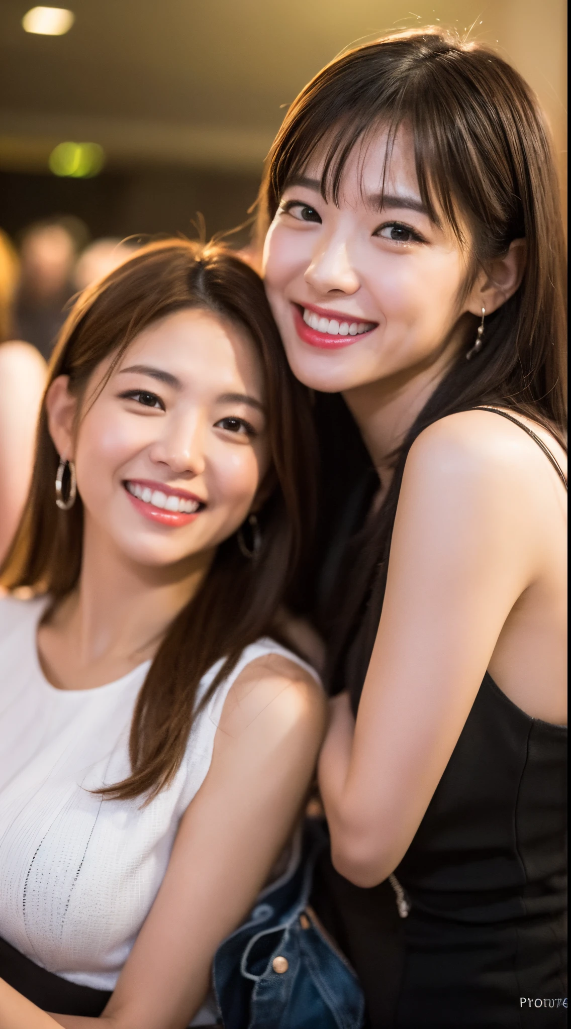 (masterpiece:1.3), (8k, photorealistic, RAW photo, best quality: 1.4), cute japanese women in the club having fun, smile, depth of field, bokeh.