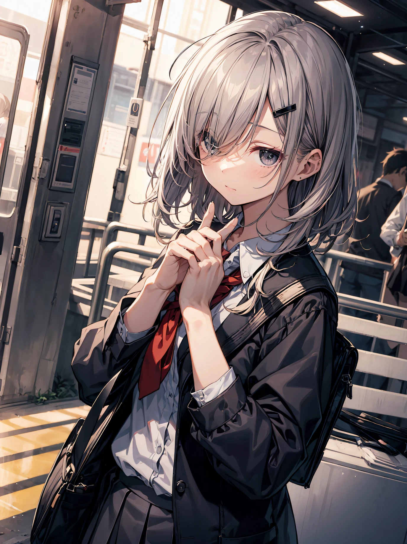 divine quality, anime moe art style,Best Anime 8K Konachan Wallpapers,Badass Anime 8K,Perfect Anatomy, (Draw a girl sleepily walking to school. ),BREAK, 1girl in, (Solo,Lori,child,13years:1.3),High school students, Very short hair,Parted bangs,(Hair over one eye), Full limbs, complete fingers,medium breasts, groin, Small eyes,Precise black eyes, hair clips, School uniform, On the way to school. BREAK,Ultra-detailed,High resolution,super detailed skin, Professional Lighting,8k eye details, (Cute illustration:1.2),