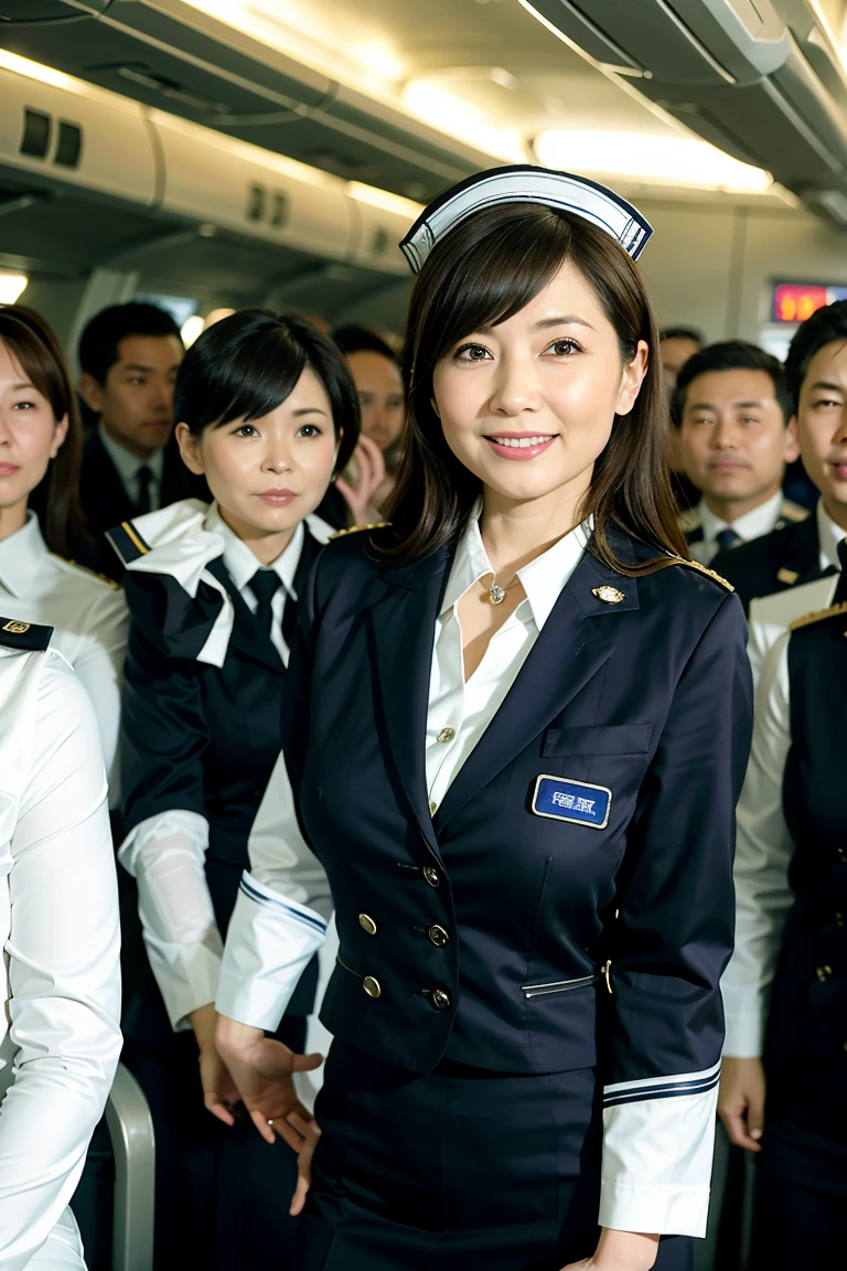 (in 8K、Raw photography、Highest Quality、realisitic、Photorealsitic、Professional Lighting、​masterpiece、A very delicate and beautiful mature woman flight attendant、45 yers old、A smile、Highly detailed、finely detail、ultra-detailliert、hight resolution、full-shot)、There were several men huddled on the plane、1girl in、One woman in flight attendant uniform、Beautiful face:1.5、standard proportions、Colossal tits:2、I'm looking at you、On the plane、(Wearing a flight attendant uniform:1.5)、