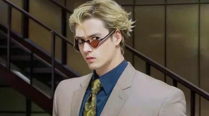 anime man in a suit and tie holding a cell phone, he wears an eyepatch, style of madhouse anime, in jojo\'s bizarre adventure, tall anime guy with blue eyes, wearing an eyepatch, miura kentaro style, hideaki anno anime, kentaro miura style, johan liebert, goggles around his neck, nagito komaeda