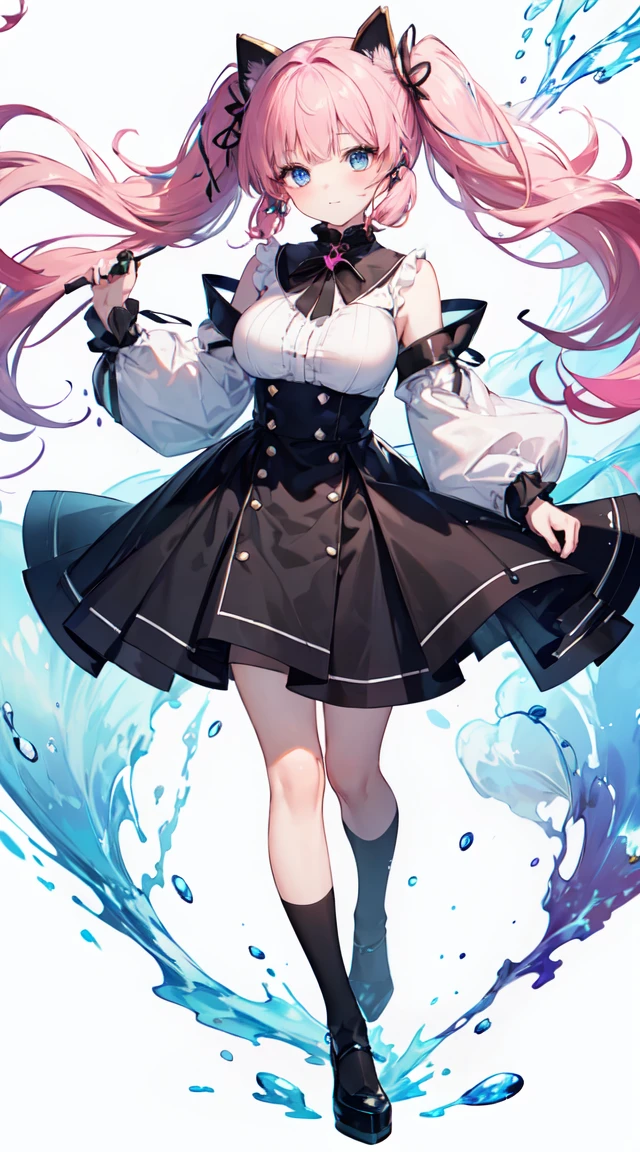 (tmasterpiece), (best qualtiy), (ultra - detailed),(disk hair),(illustratio), (1个Giant Breast Girl), (Fashion Clothing), permanent, fashion modell, looking at viewert, (interview), (simple backgound), beautiful and delicate eyes, Delicate and beautiful, floating, (high saturated), (Colorful splash), colorful bubble, (shine), Focus on the face, long twintail, kamisato ayaka, A pink-haired, By bangs, hair rings, Floating flowers, floated hair, (shiny), The best lighting, The best shadow, full body Esbian, Faraway view、Cat-eared girl、Blue eyes