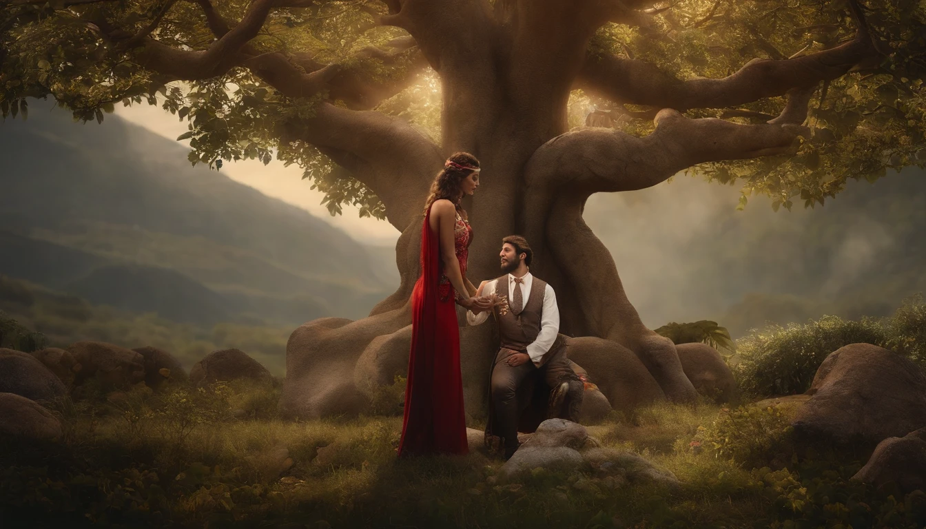 masterpiece, of best quality, Adam And Eve, standing under a very tall beautiful tree that has very beautiful fruits, holding hands in love, in the bible garden of Eden, both wearing animal clothes dress like the  bible times ,muito velho com uma barba longa, in a rustic and secret place,(estantes de livros antigos). [Making magic potions and giving wise advice].(melhor qualidade,4k,8k,Altas,master part:1.2),ultra-detalhado,[Realistic,fotorrealista,photo-realistic:1.37] Retratos, [Cores escuras e misteriosas], [Subtle and dim lighting], [textura vintage e antiga]