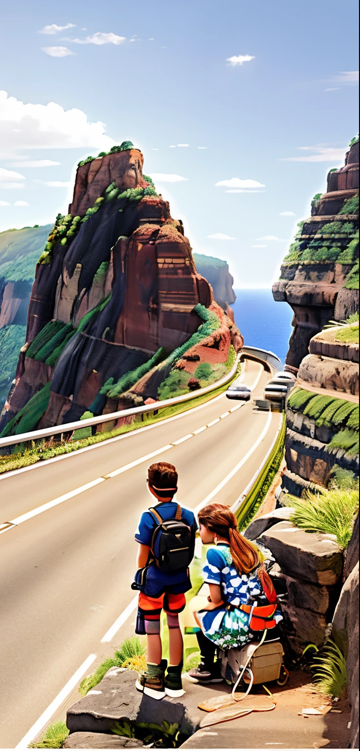 there are two people sitting on the side of a road, by Benjamin Marra, photo - shot, mind blow, standing bravely on the road, dangerous cliffside, viral photo, cliff side, slow, on a road, road trip, nice view, profile picture, distance!!!!!!! shot, vacation photo, landslide road, looking this way, on the coast