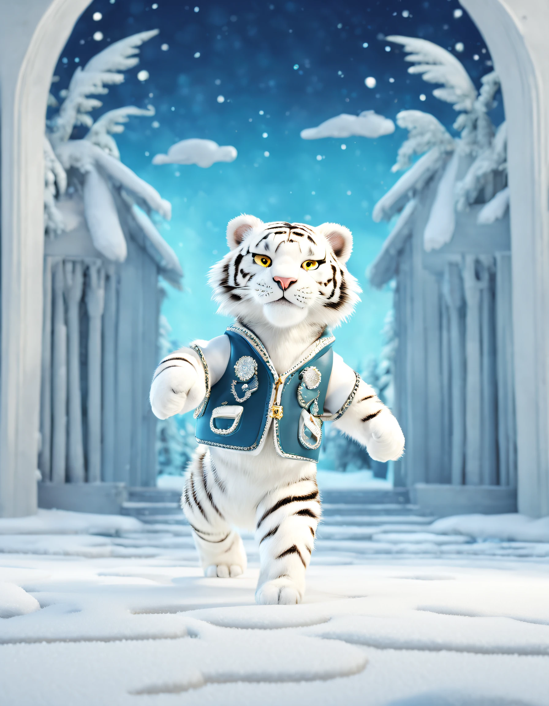 character  design，（A little white tiger dances gracefully at fashion week）, wearing prada (Prada) Winter fashion，Cool emoticons， Background with: indoor，The performance venue was covered with thick snow， snowflower，
{{tmasterpiece}}, {{{Best quality at best}}}, {{ultra - detailed}}, photography,pixar-style,cartoonish style,comic strip,tmasterpiece,lamplight,illusory engine,Rendered by Octane,Corona introduction,V-rays,tiltshift,,shot from far away,a 3D render,