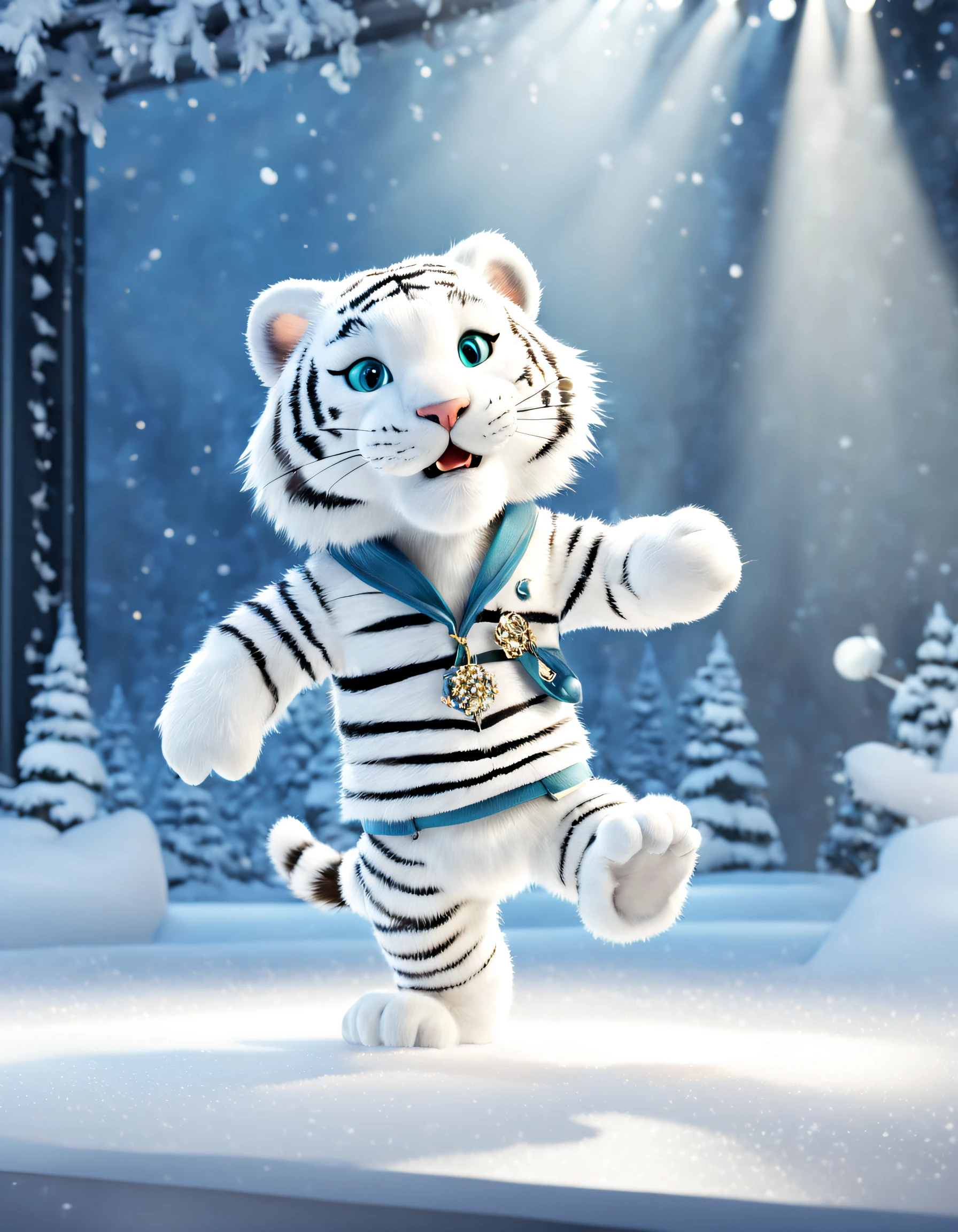 character design,(A little white tiger dances gracefully at fashion week), wearing prada (Prada) Winter fashion,Cool emoticons, Background with: indoor,The performance venue was covered with thick snow, snowflower,
{{tmasterpiece}}, {{{Best quality at best}}}, {{ultra - detailed}}, photography,pixar-style,cartoonish style,comic strip,tmasterpiece,lamplight,illusory engine,Rendered by Octane,Corona introduction,V-rays,tiltshift,,shot from far away,a 3D render,