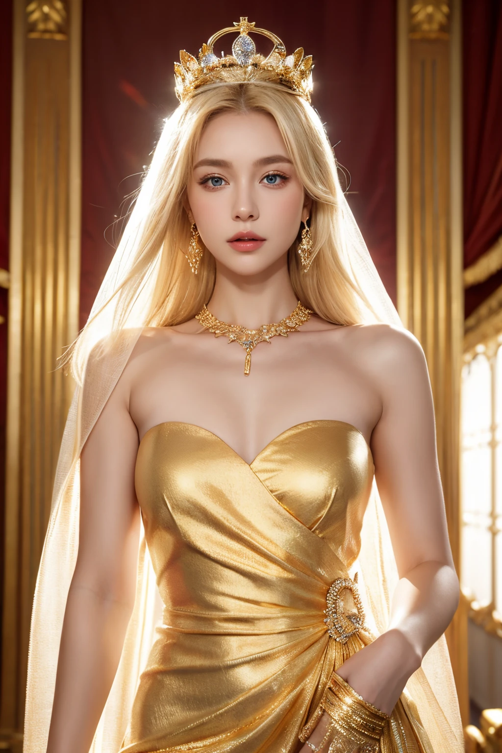 (Highest quality,Super detailed,Realistic:1.37),Portraiture,Blonde hair and blue eyes,White skin,Gorgeous outfit with gold details and cute expression,Sexy pose,Tight clothing,Show me your breasts,Expensive Gemstones,Shining background light,hair with intricate details,Delicate makeup,Vibrant colors,High Resolution Rendering,Professional Lighting,Sharp focus,Long eyelashes,Beautiful attention to detail,Beautiful lip detail,Beautifully detailed face,Luxury Lifestyle,Elegance like a queen,Perfect Skin,Dynamic configuration,Perfect symmetry,Graceful posture,Complex Pattern,Rich texture,gilded accents,Reflective surface,Exquisite craftsmanship,Ultra-fine painting,atmospheric ambience,The attention to detail is impressive,Captivating visual storytelling,to attract attention,Amazing artwork