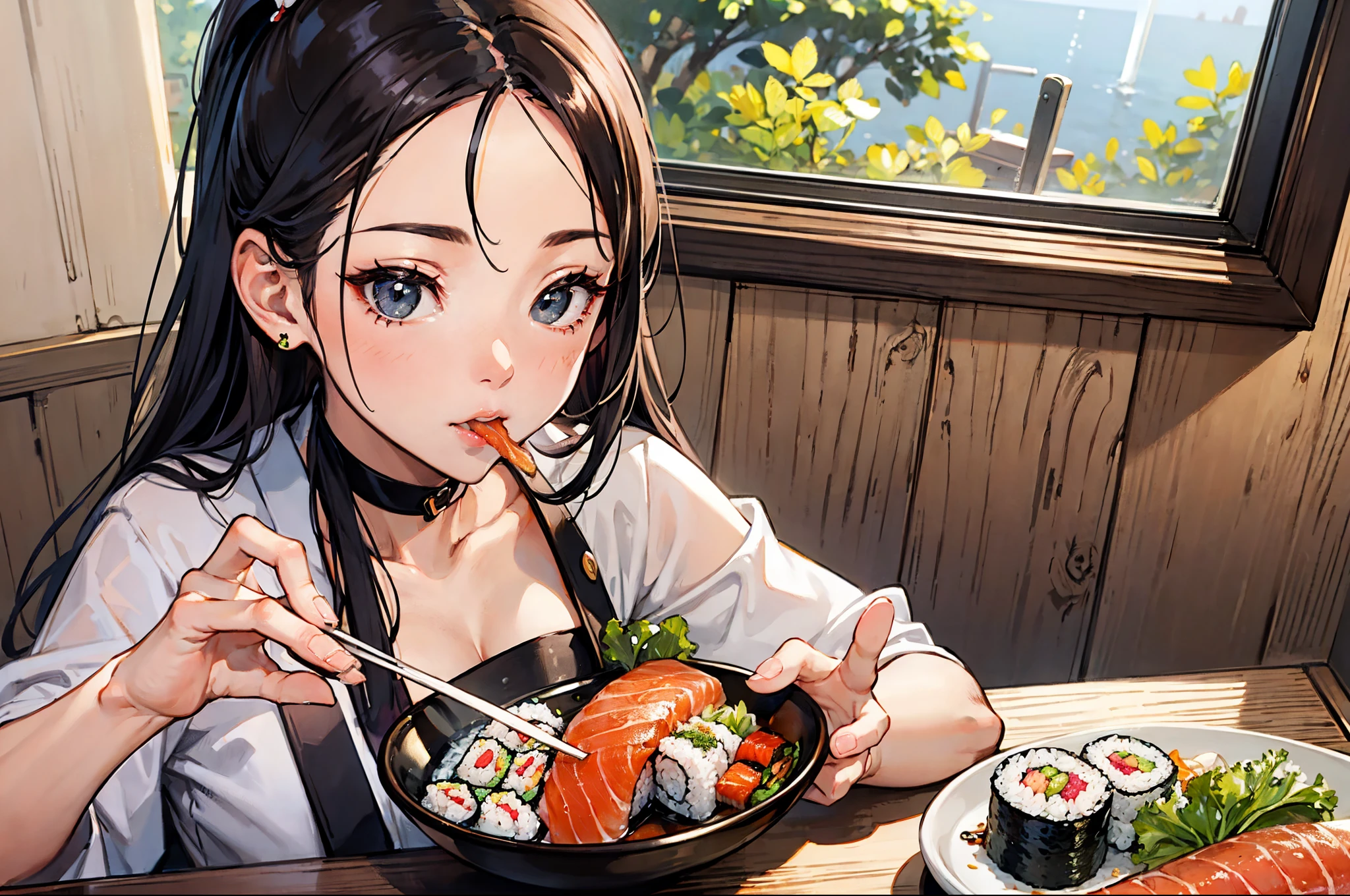 hyper sexy woman eats sushi and enjoy, Japanese style, sushi with salmon, hyper realism --auto --s2