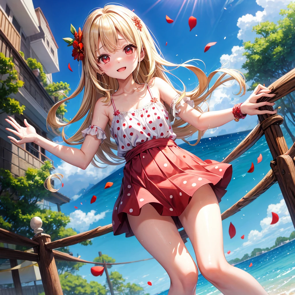 a blond、red eyes、1 pretty girl、animesque、lightly dressed、Polka dot mini skirt、flower petals、bare-legged、wetting hair、Camisole-wearing、rainbows、Kick the water、tightrope walking