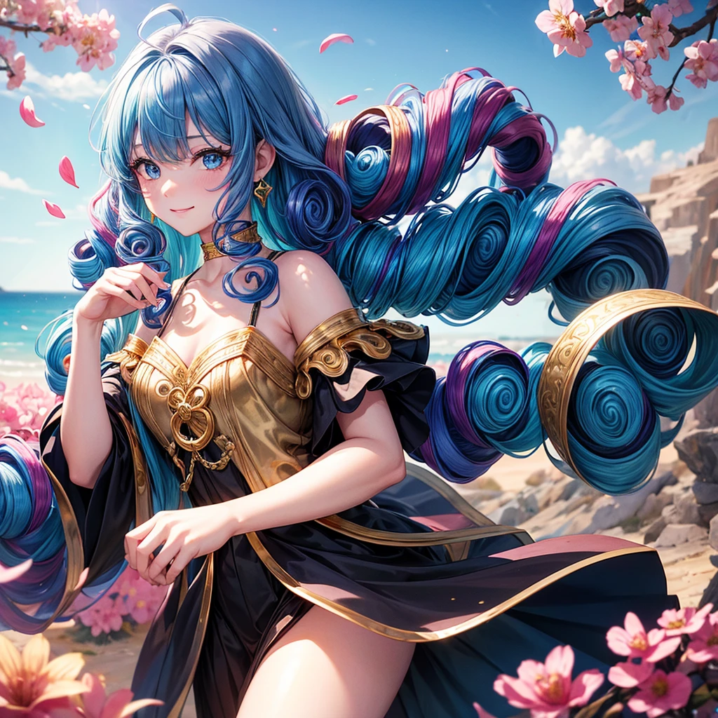 Highly condensed 1girl, (((goddes))), (Iridescent hair, Colorful hair, Half blue and half pink hair: 1.2), , Blue_skyporn, holding a magic wand, Summer (season), flower petals_SUI_Liquid, Hooded black cloak, Red and black ripped dress, Skirt: 1.2, (gold long curly hair: 1.5), skyporn, plein air, Clouds, Bangs, Smile, sky-blue eyes, Bare shoulders, Perfect hands, Hand Details, Repaired finger. earrings, Sea + Background, up looking_で_viewer, Cowboy Shot, of the highest quality, rich detail, Perfect image quality, Sunrise,Highest Quality, excellent details, 超A high resolution, (fidelity: 1.4), The best illustrations, favor details, with a delicate and beautiful face, Delicate collarbones, High Quality Fishtail Skirt, Shyness