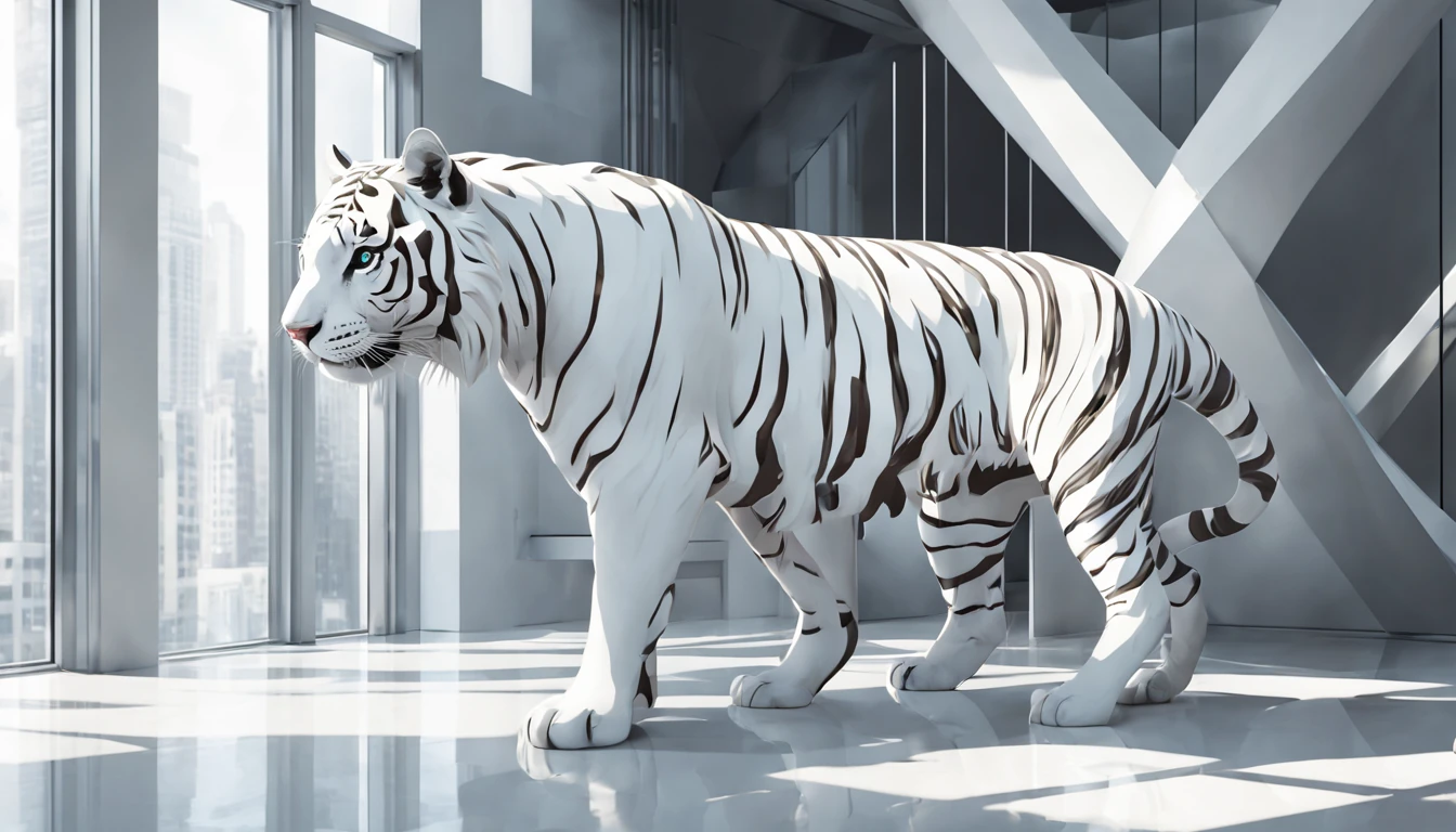 (Best quality at best,4K，Super quality，very refined，super complex，tmasterpiece),(( A white tiger))，(Correct anatomy)，Clear facial features，White futuristic style interior design space