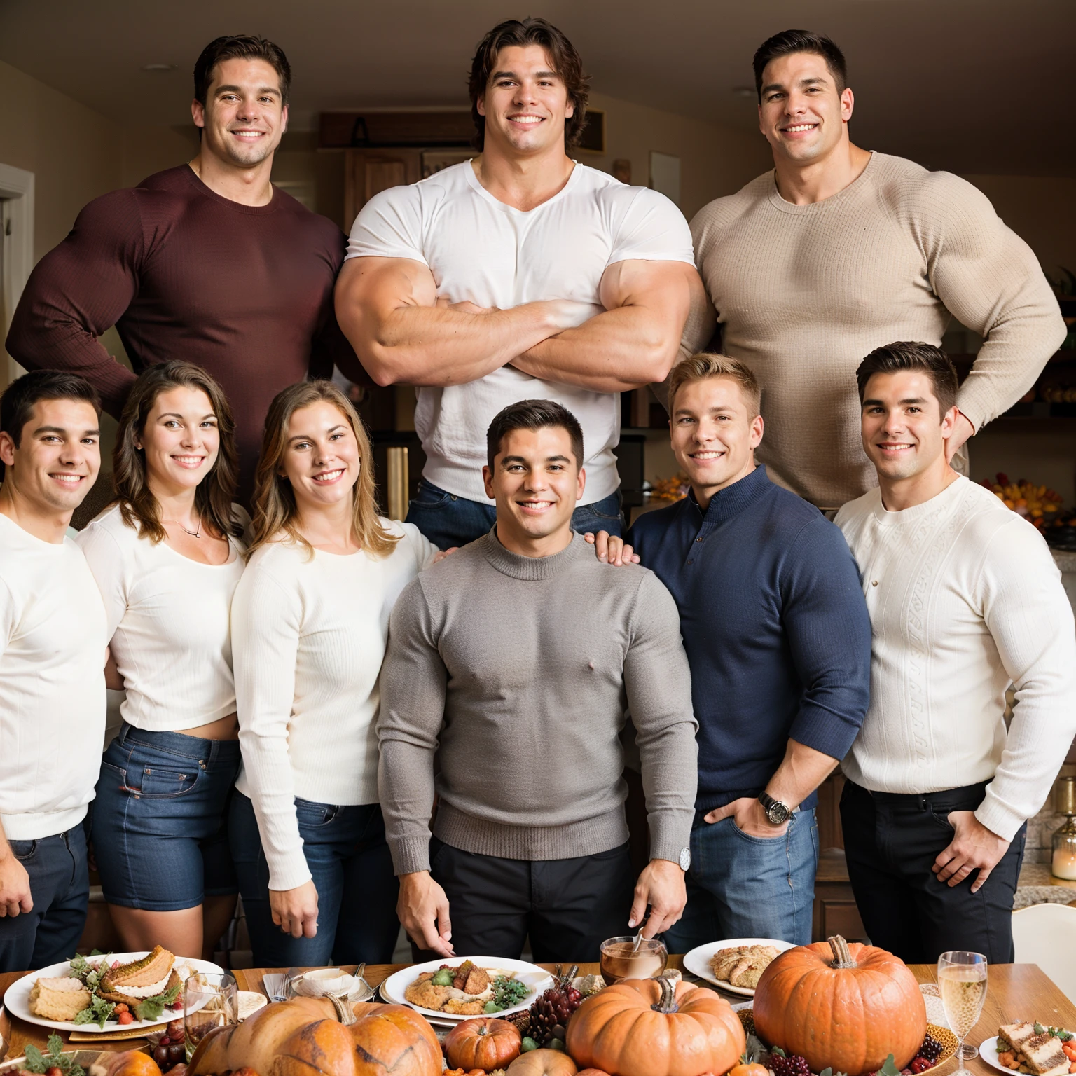 Family portrait at Thanksgiving, giant muscle bodybuilders,