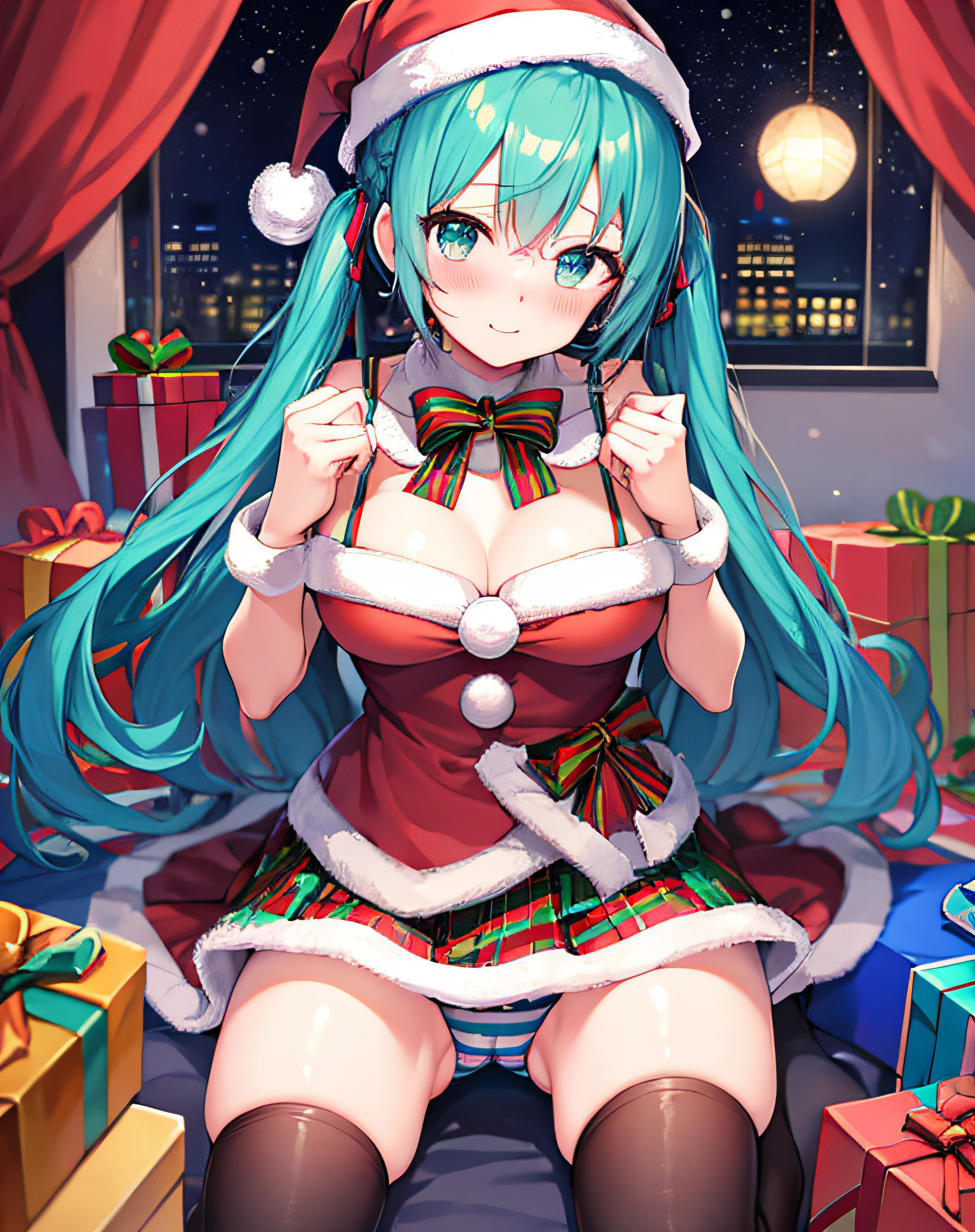 masterpiece、Top image quality、超A high resolution、miku hatsune、blue hairs、Twin-tailed、Blushing、Cute and shy、santa costume、Santa Costume Mini Skirt、Wearing a Santa Hat、large firm breasts、well-shaped breasts、knee sox、Striped panties、There are some small gift boxes、Night、Christmas