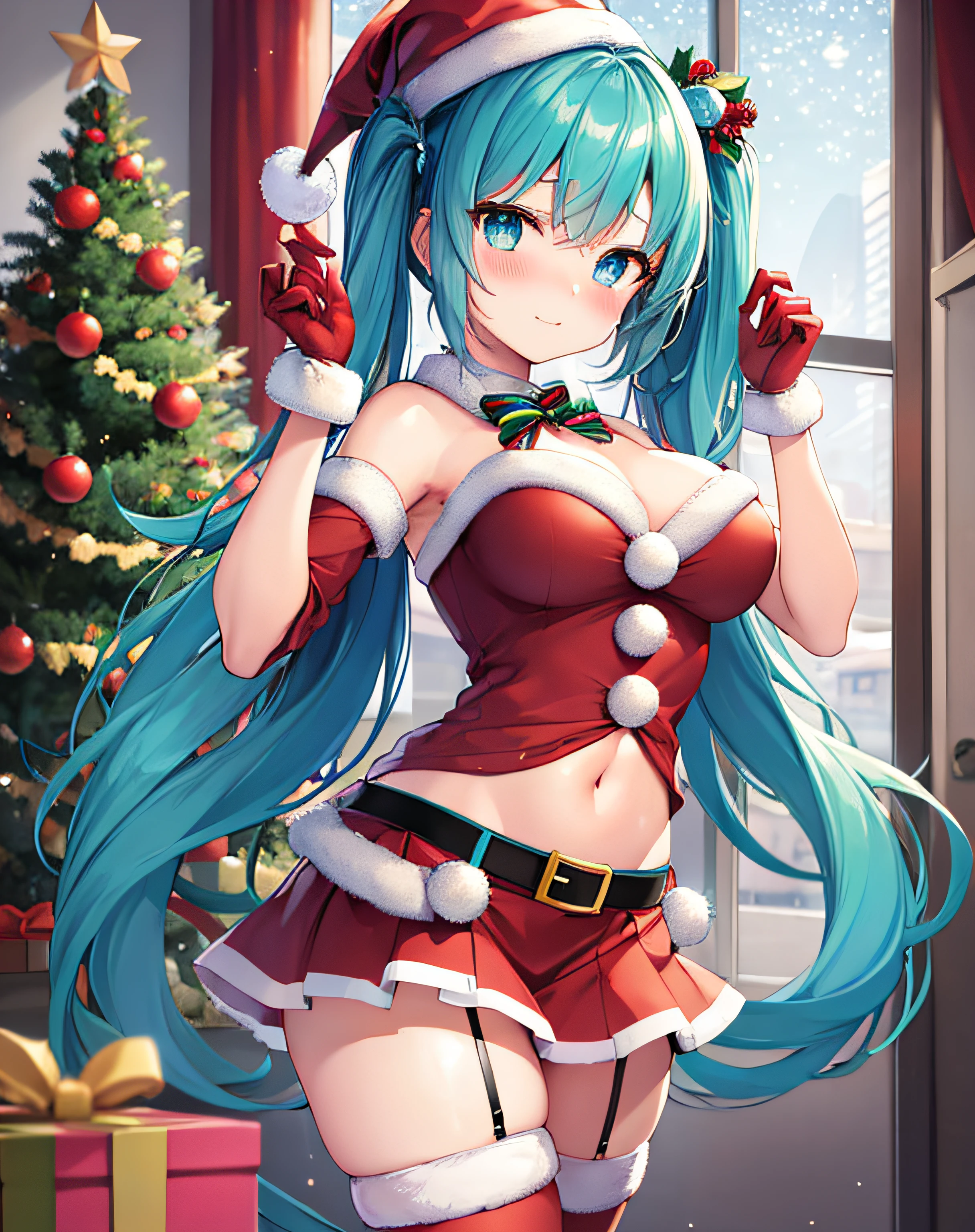 ​masterpiece、Top image quality、超A high resolution、miku hatsune、blue hairs、Twin-tailed、Blushing、Cute and shy、santa costume、Santa Costume Mini Skirt、Wearing a Santa Hat、large firm breasts、well-shaped breasts、knee sox、Striped panties、There are some small gift boxes、Night、Christmas