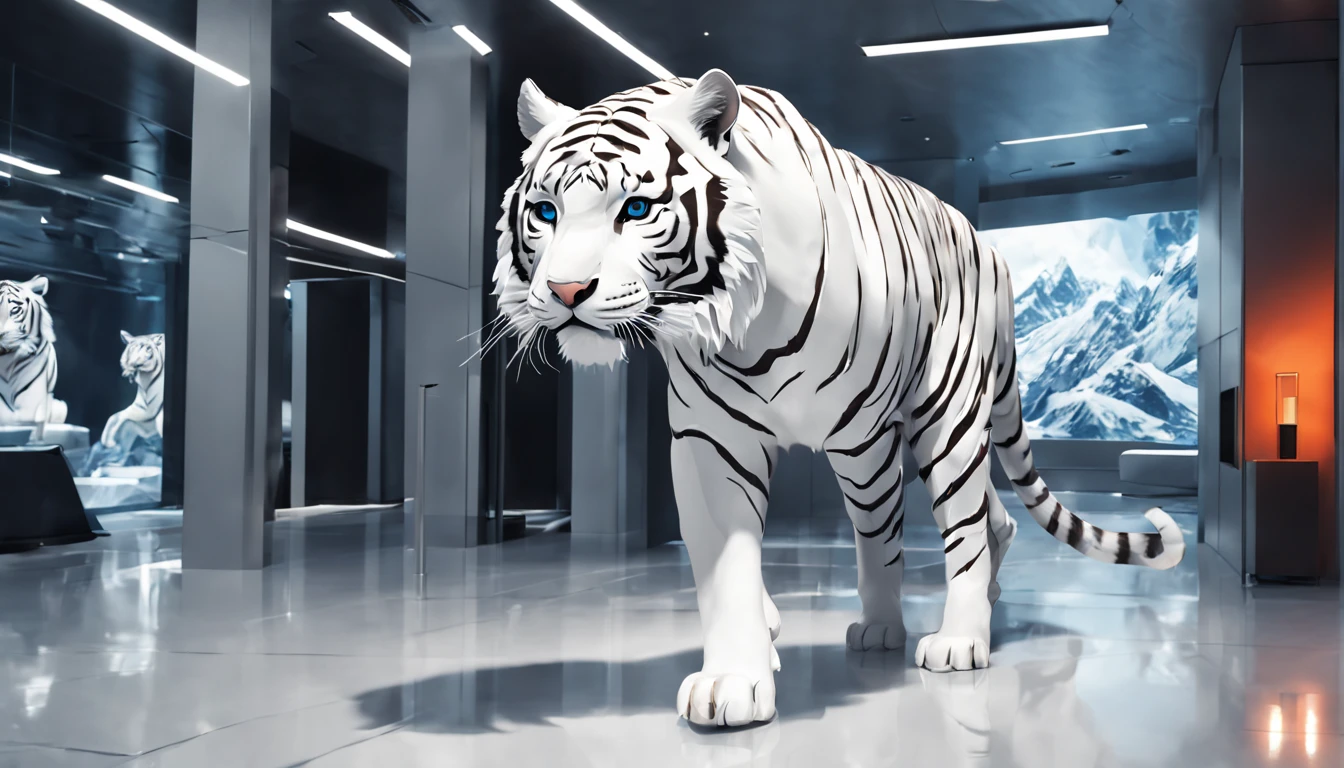 (Best quality,4K，Super quality，very refined，super complex，tmasterpiece),(( A white tiger))，(Correct anatomy)，Clear facial features，White futuristic style interior design space