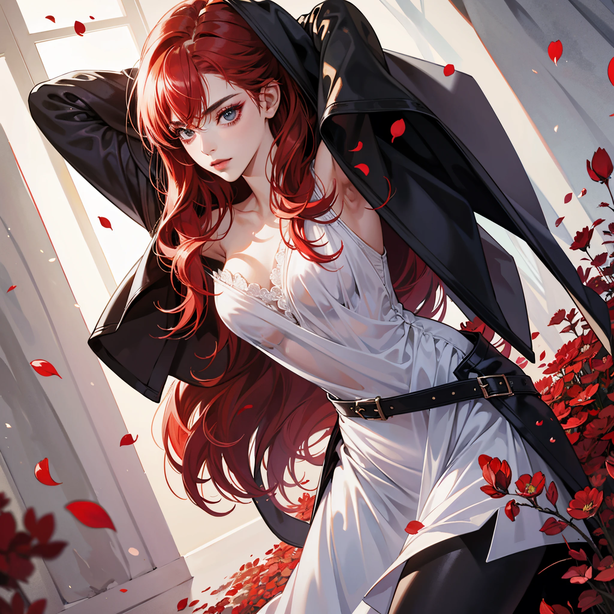 ((Top  Quality)), ((Masterpieces)) Villain leather suit and dress, rays, lens flares, Red petals, mana, Red hair, Smokey makeup, femme fatale, princess