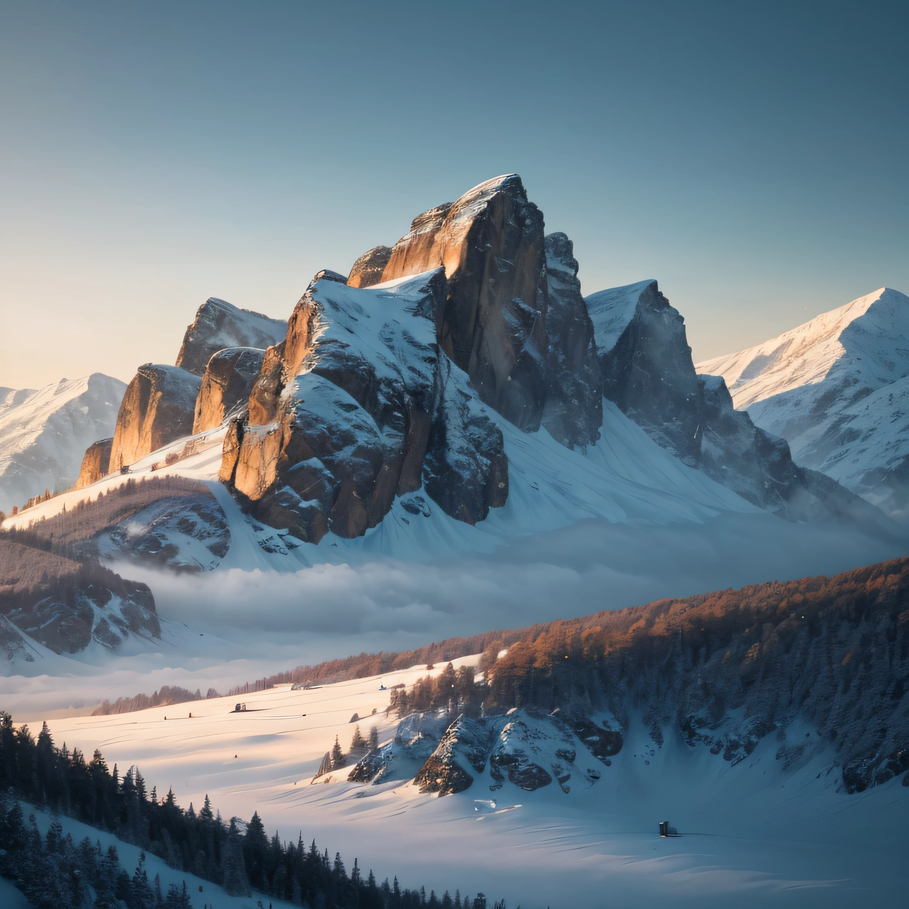 1700, home, mountain, forest, snow on cliffs, early morning, dew