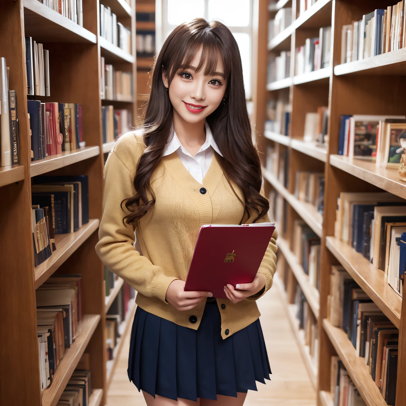 ((top-quality、masutepiece、8K、Top image quality))、Highly saturated、1 schoolgirl、((light brown cardigan、Uniform Shirt、Ribbon on the chest、navy pleats skirt))、The happiest smile、View me、waved hair、Being in the library、Stand next to a bookshelf、Bookshelf in background、cozy library、lipsticks、long eyelashes、Perfect makeup、Emphasize body lines、large full breasts、soft warm lighting、Detailed bookshelf、accurate anatomy