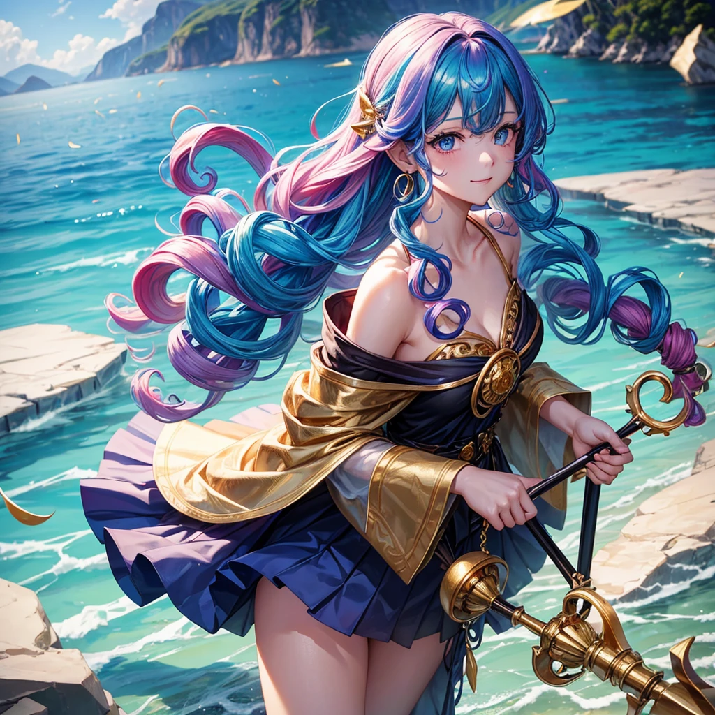 Highly condensed 1girl, (Iridescent hair, Colorful hair, Half blue and half pink hair: 1.2), 17 years old, Blue_skyporn, holding a magic wand, Summer (season), flower petals_SUI_Liquid, Hooded black cloak, Red and black ripped dress, Skirt: 1.2, (gold long curly hair: 1.5), skyporn, plein air, Clouds, Bangs, Smile, sky-blue eyes, Bare shoulders, Perfect hands, Hand Details, Repaired finger. earrings, Sea + Background, up looking_で_viewer, Cowboy Shot, of the highest quality, rich detail, Perfect image quality, Sunrise,Highest Quality, excellent details, 超A high resolution, (fidelity: 1.4), The best illustrations, favor details, with a delicate and beautiful face, Delicate collarbones, High Quality Fishtail Skirt, Shyness, dynamic light and shadow