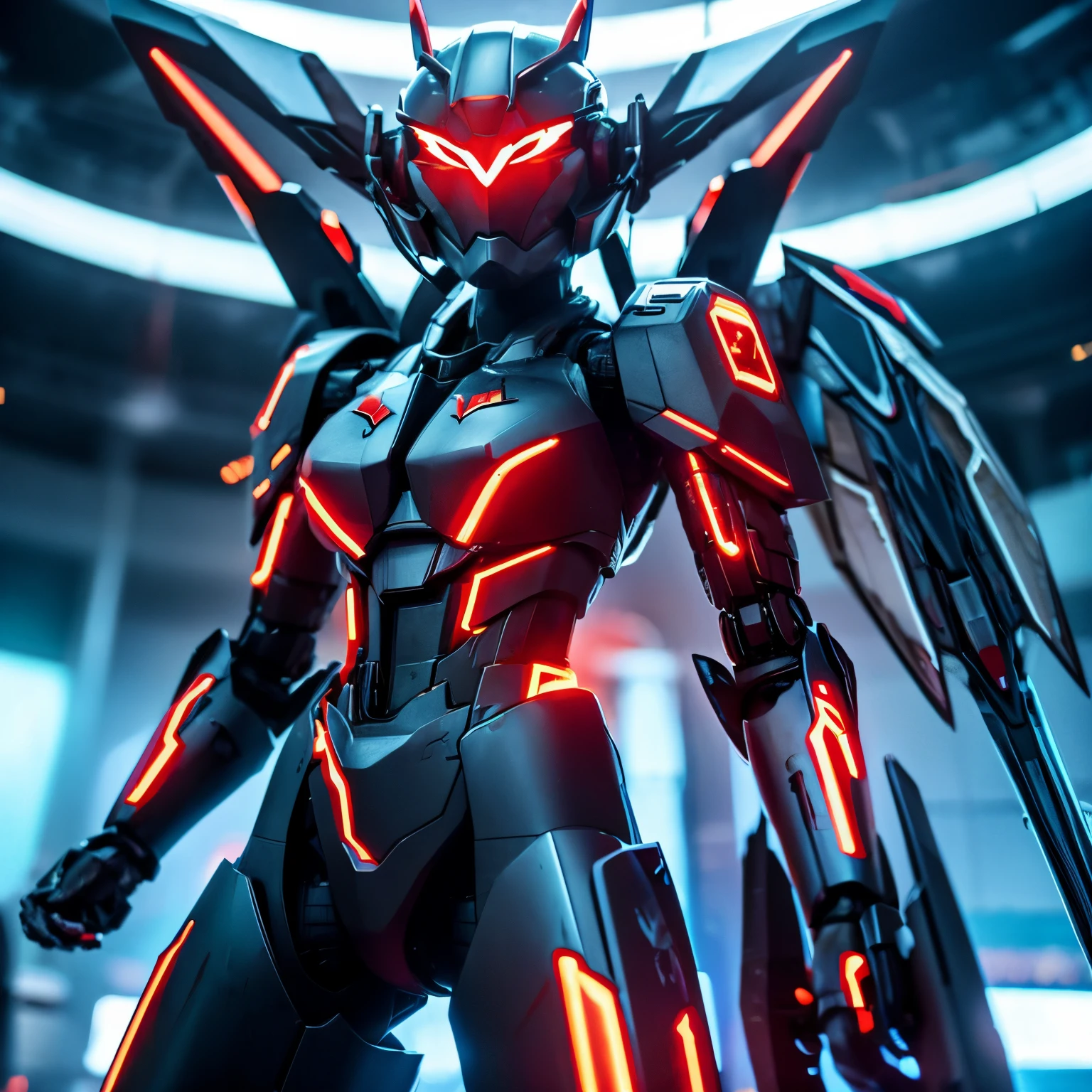 droid、Black Mecha、glowing red、has wings、airfield、Not a person