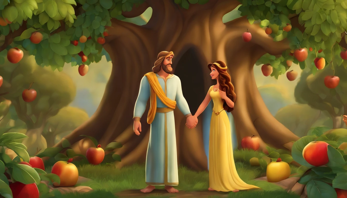 a pixa Disney cartoon cover of biblical times, best quality, Adam And Eve, standing under a very tall beautiful tree that has very beautiful fruits, holding hands in love, in the bible garden of Eden, both wearing animal clothes dress like the  bible times.