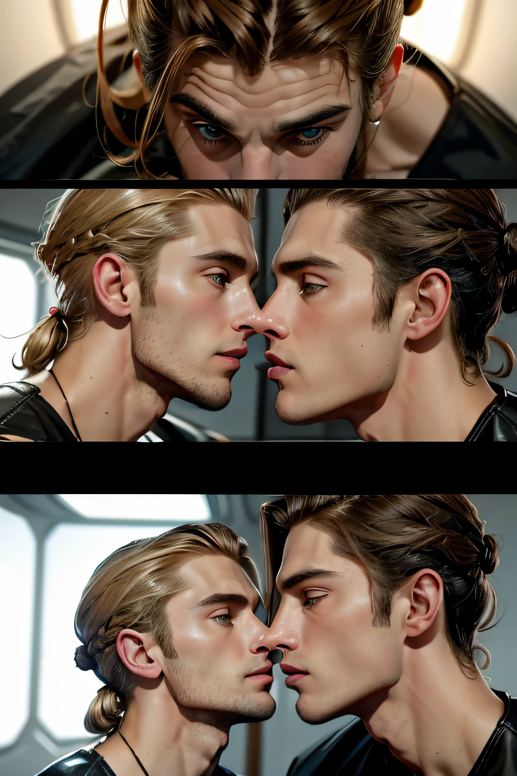 two men manbun blond brown scifi spaceship kissing gay