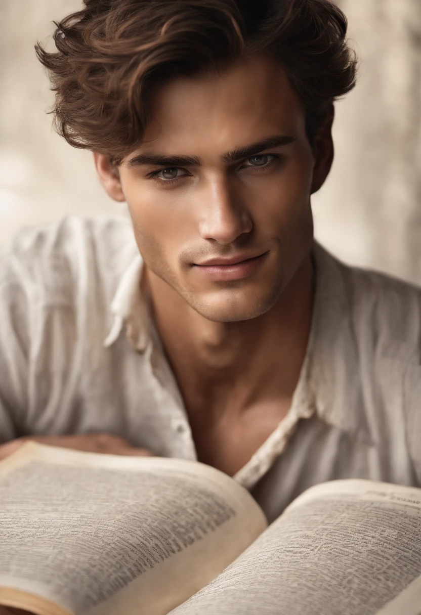 A photo of an ancient, weathered tome with crumbling pages and faded ink.,original,Sebastian Sallow is a male of average height with bronze brown hair and brown eyes. His skin is slightly tanned and covered in freckles. He has an oval face and is almost constantly smiling. He has full lips and thick brows. His body is lean but still soft. , male