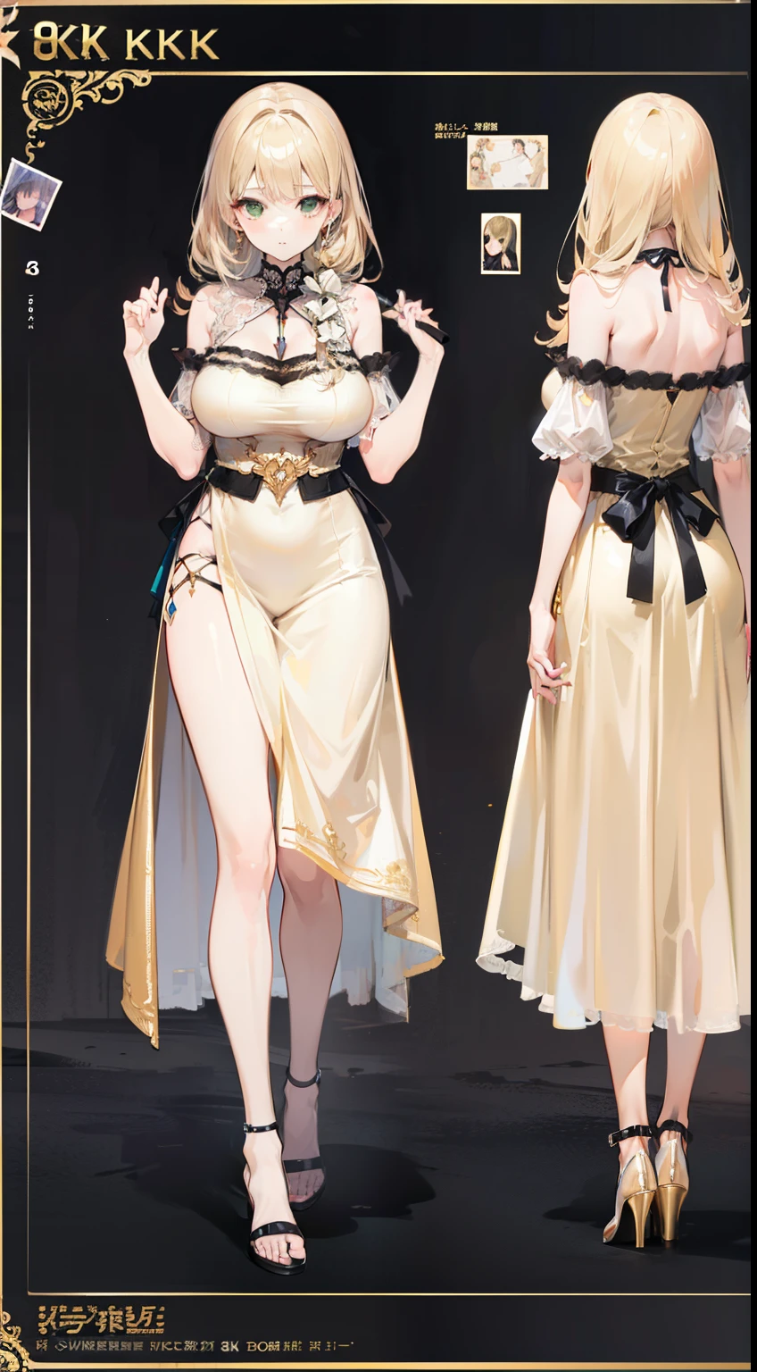 (((8K,top-quality)))ung girl, character sheets, concept-art, full body Esbian, (masterpiece:1.2), (Top image quality:1.3), 1girl in, is standing, length hair,Adulterous demons,Beige hair,green eyes arrive,obscene stamp