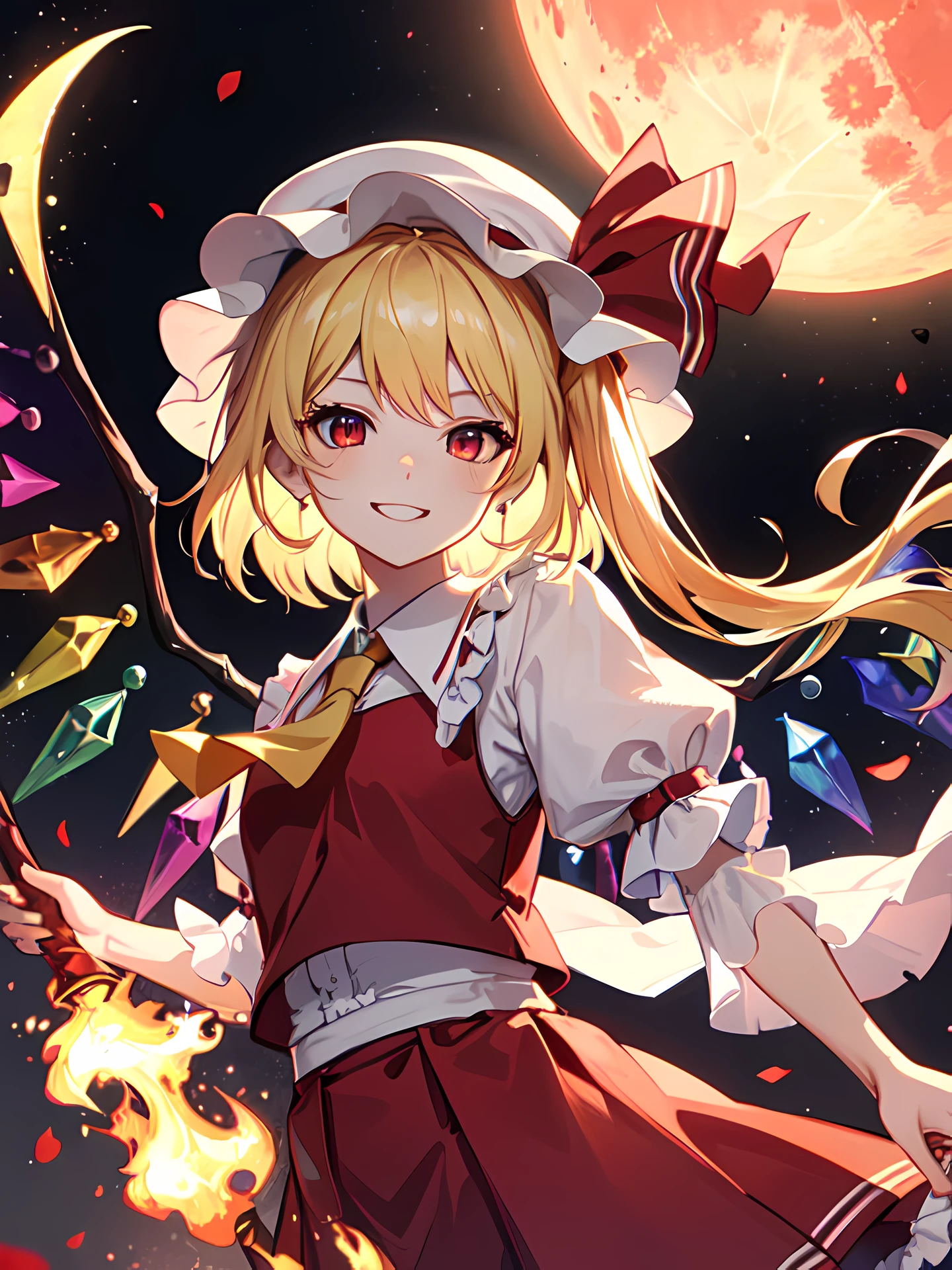 Flandre Scarlet, jewelry wing, (pointy ear:0.5), short ears, hat, White hat, Short sleeves, Puffy sleeves, Red Moon, fullmoon, Bold smile, Fire Sword, Levatin,