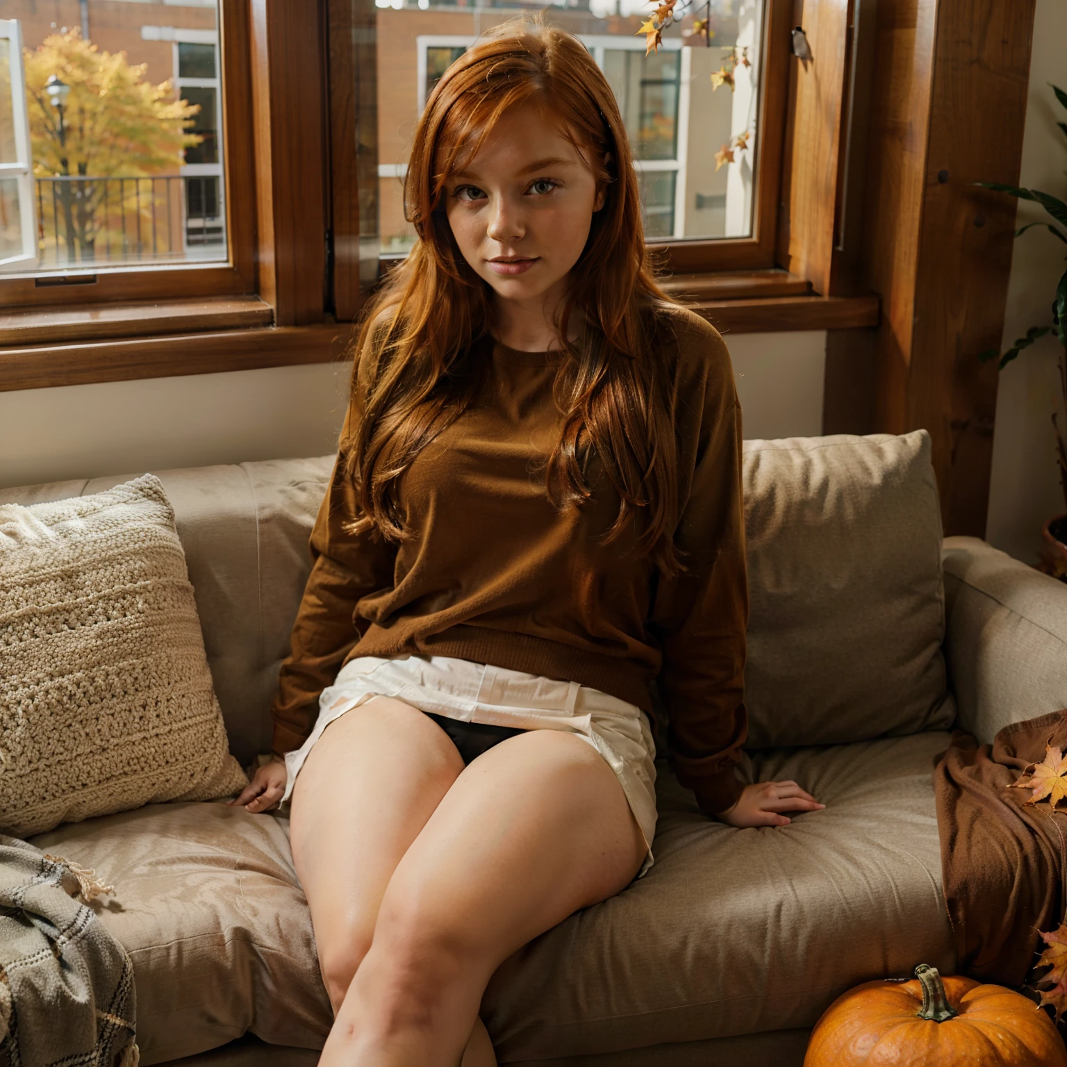 Thick ginger , healthy, autumn room, autumn outfit