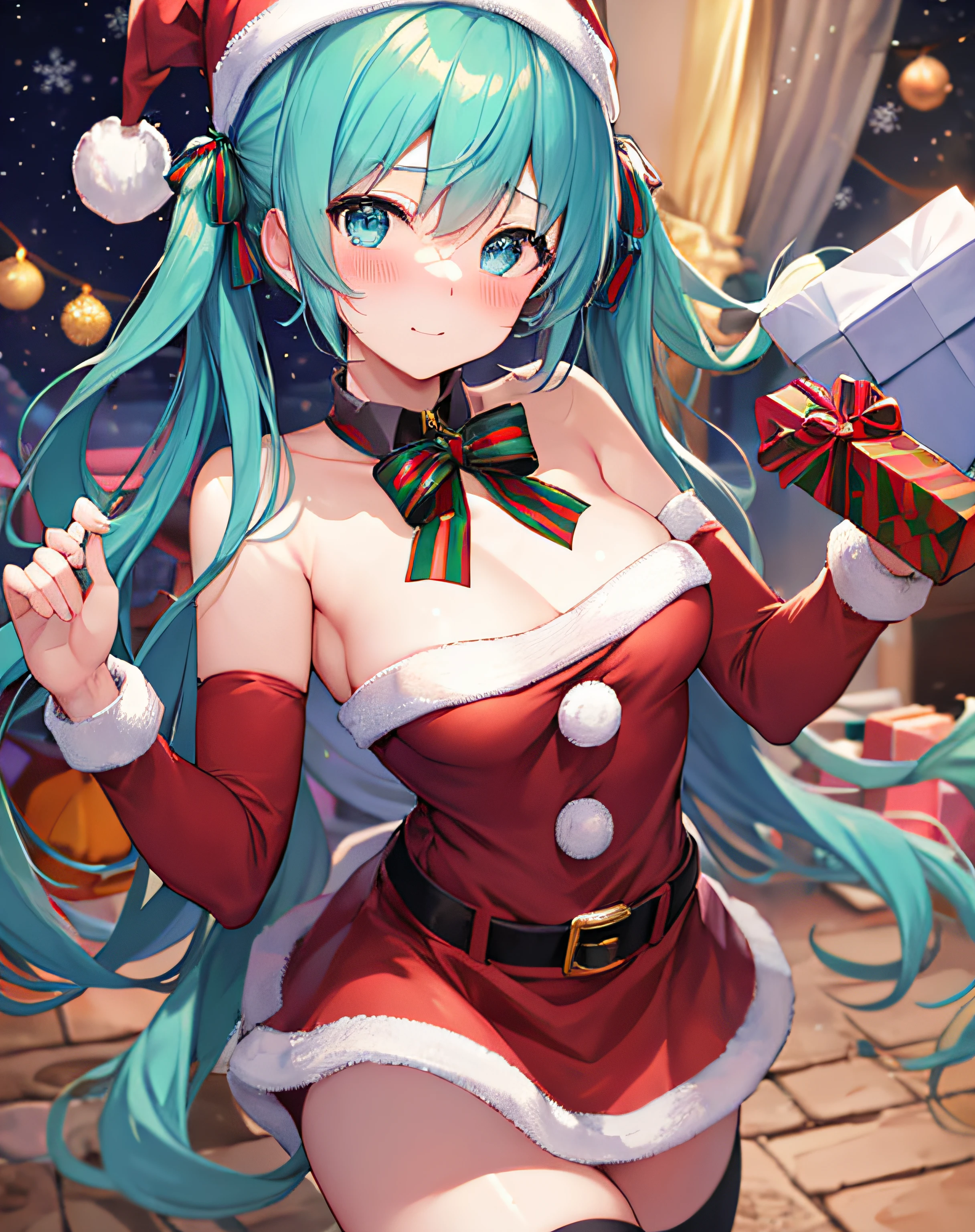 ​masterpiece、Top image quality、超A high resolution、miku hatsune、blue hairs、Twin-tailed、Blushing、Cute and shy、santa costume、Santa Costume Mini Skirt、Wearing a Santa Hat、large firm breasts、well-shaped breasts、knee sox、Striped panties、There are some small gift boxes、Night、Christmas