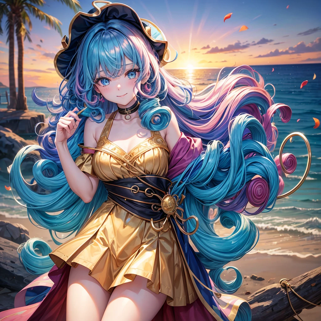 Highly condensed 1girl, (((goddes))), (Iridescent hair, Colorful hair, Half blue and half pink hair: 1.2), 17 years old, Blue_skyporn, holding a magic wand, Summer (season), flower petals_SUI_Liquid, Hooded black cloak, Red and black ripped dress, Skirt: 1.2, (gold long curly hair: 1.5), skyporn, plein air, Clouds, Bangs, Smile, sky-blue eyes, Bare shoulders, Perfect hands, Hand Details, Repaired finger. earrings, Sea + Background, up looking_で_viewer, Cowboy Shot, of the highest quality, rich detail, Perfect image quality, Sunrise,Highest Quality, excellent details, 超A high resolution, (fidelity: 1.4), The best illustrations, favor details, with a delicate and beautiful face, Delicate collarbones, High Quality Fishtail Skirt, Shyness
