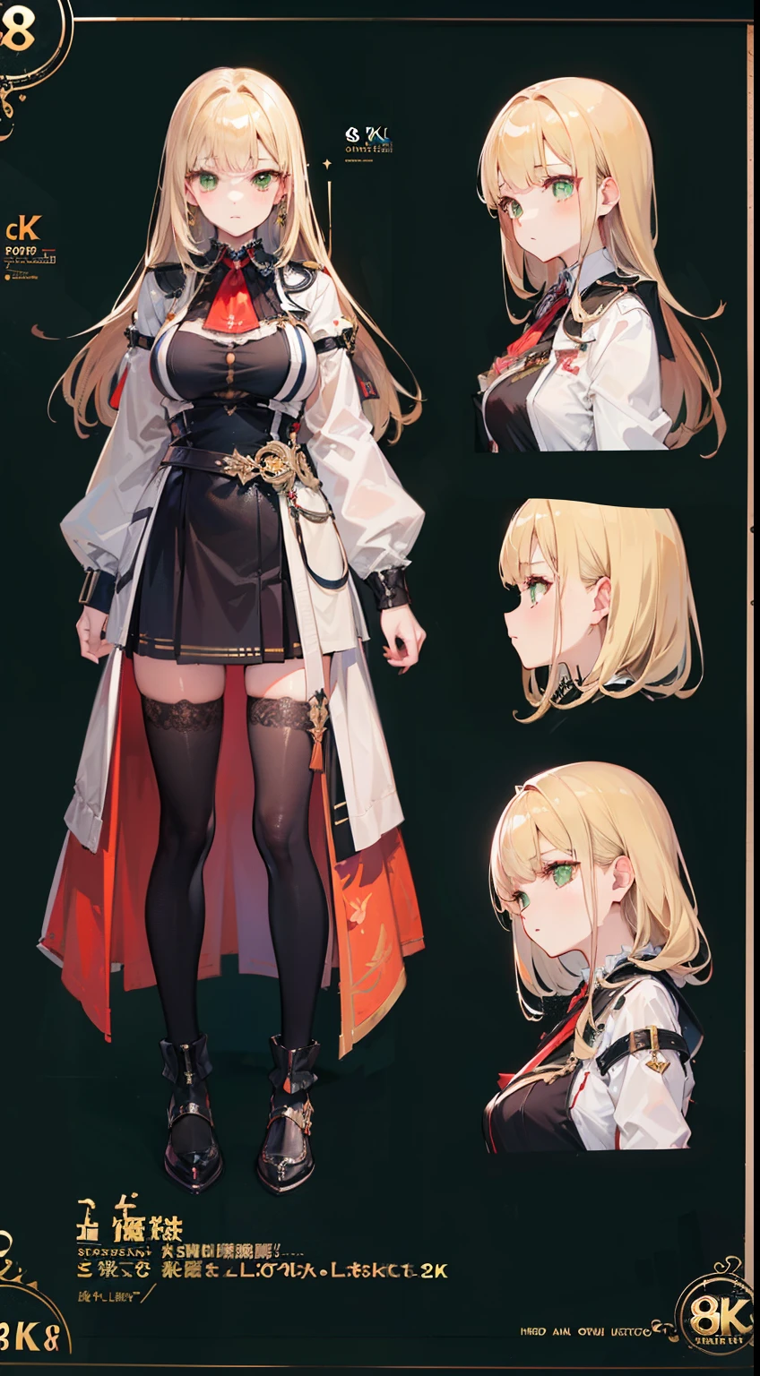 (((8K,top-quality)))1 young girl, character sheets, concept-art, full body Esbian, (​masterpiece:1.2), (Top image quality:1.3), 1girl in, is standing, length hair,Adulterous demons,Beige hair,green eyes arrive,obscene stamp