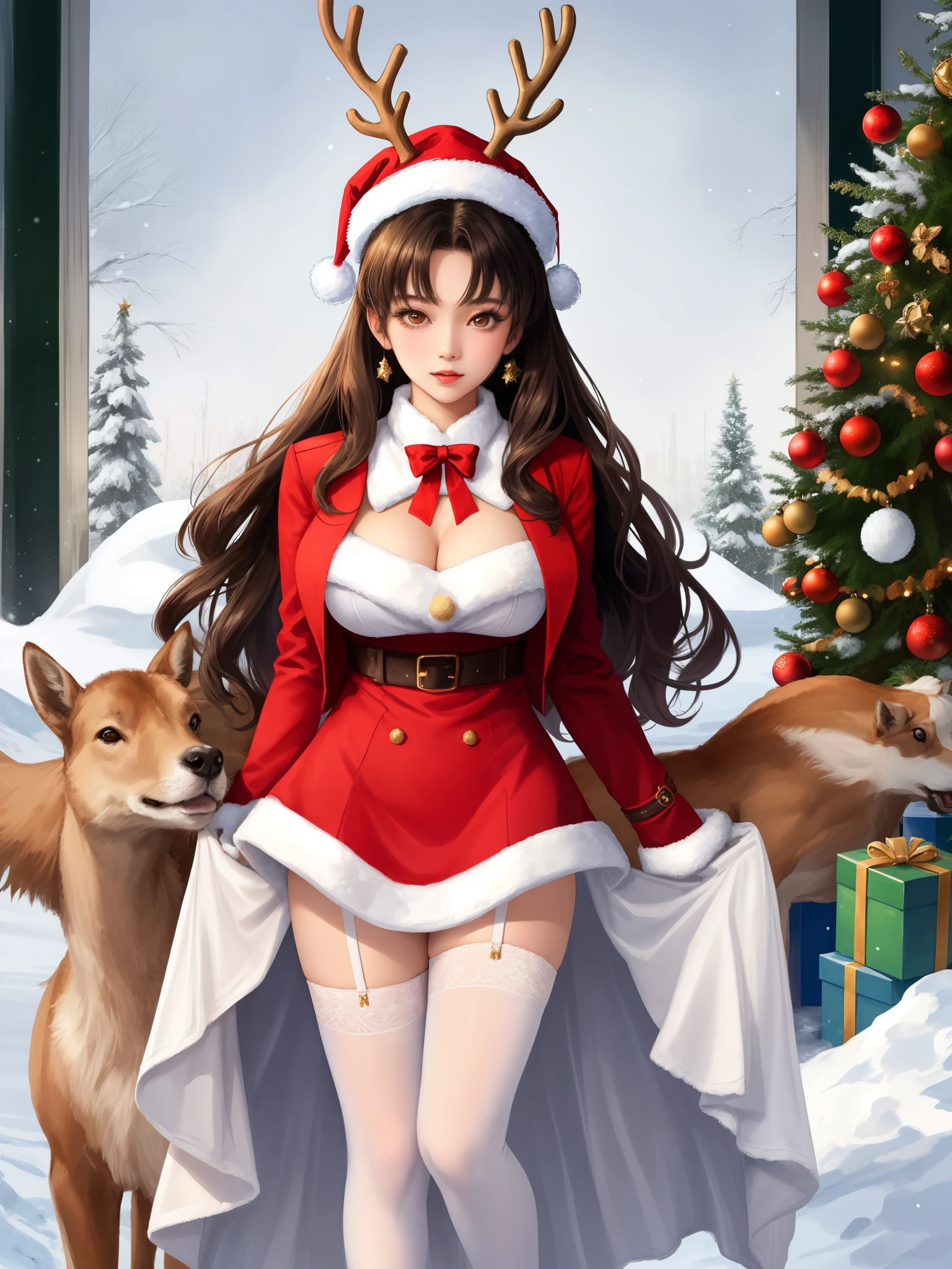 Clint from game Mobile legends bang bang in sexy costume poses in front of a Christmas tree, breast enhancement,reality,offcial art,8K quality,Super detail,fine detail skin,Movie Angle,cinematic textures,Masterpiece,Best picture quality,1 girl,Zhu lips,Messy hair,pantyshot,underbust,1girll,Whole body,White_Stockings,Lace,Long hair,upper legs,Lace,White stockings,Wear a red velvet jacket , A girl in a red velvet jacket stands in the snow,There was a reindeer next to the girl,There is a huge Christmas tree in the snow,Christmas hat on the head,Christmas tree,The girl has antlers on her head, Christmas evening, christmas dress,Korean girl, 4k post, a wide full shot, tohsaka-rin,