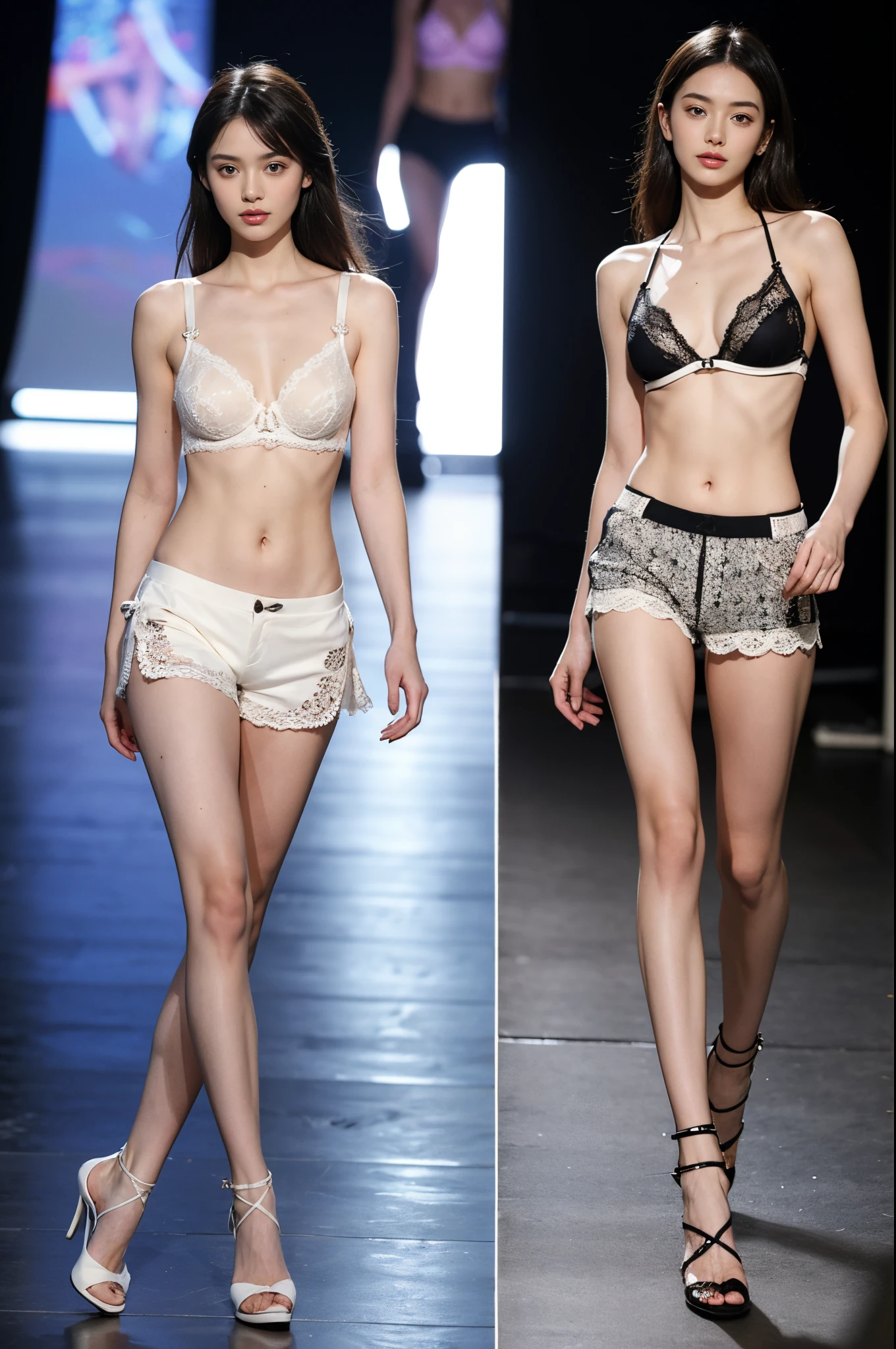 A woman walking down the runway wearing a lace bra, lace thong shorts, and high heels, Sketch inspired by Ulrika Pasch, Tumbler, libre figuration, 2 female model, bikini model, photo of slim girl model, Fashion Model, model with attractive body, y2k style, y 2 k style, Supermodel Body, beautiful fashion model body, brazilan supermodel