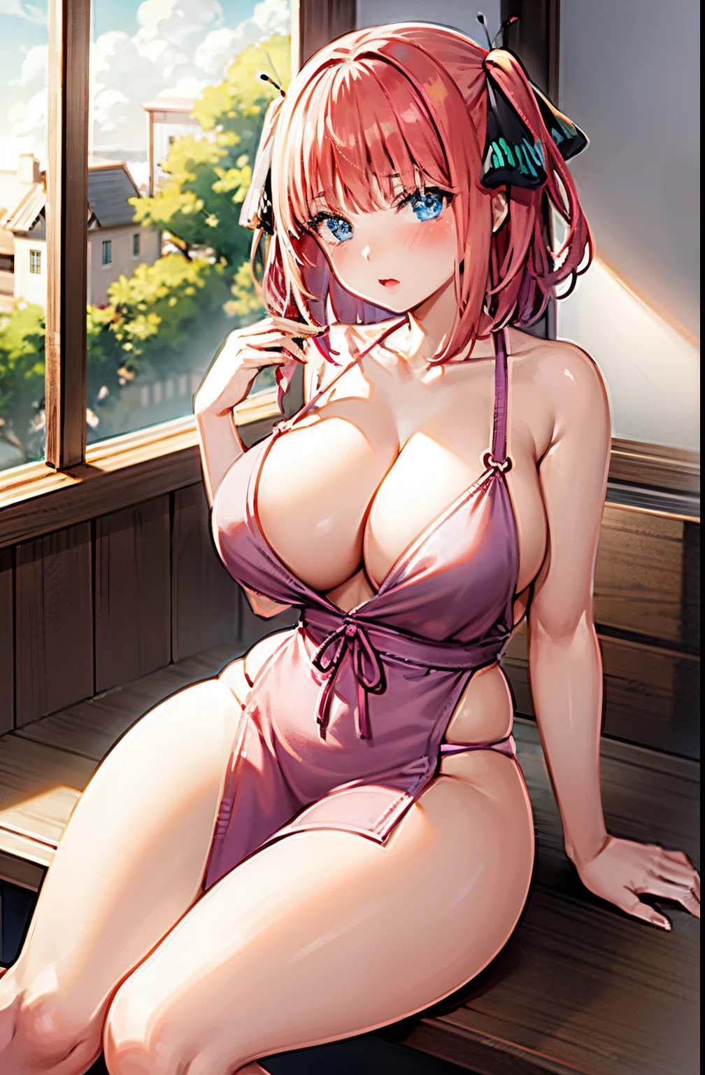 Curve, 1girl in, 独奏, Nakano Nino, Pink hair, butterfly hair ornament, (barechested:1.3), (White Apron), cleavage of the breast, thighs thighs thighs thighs, Cafe Background, (red blush:1.3), Opening legs ,thick thight, Fat thighs, wide hips, Plump、I can see the cleavage.、A pink-haired、Blue eyes、high-level image quality、in a house