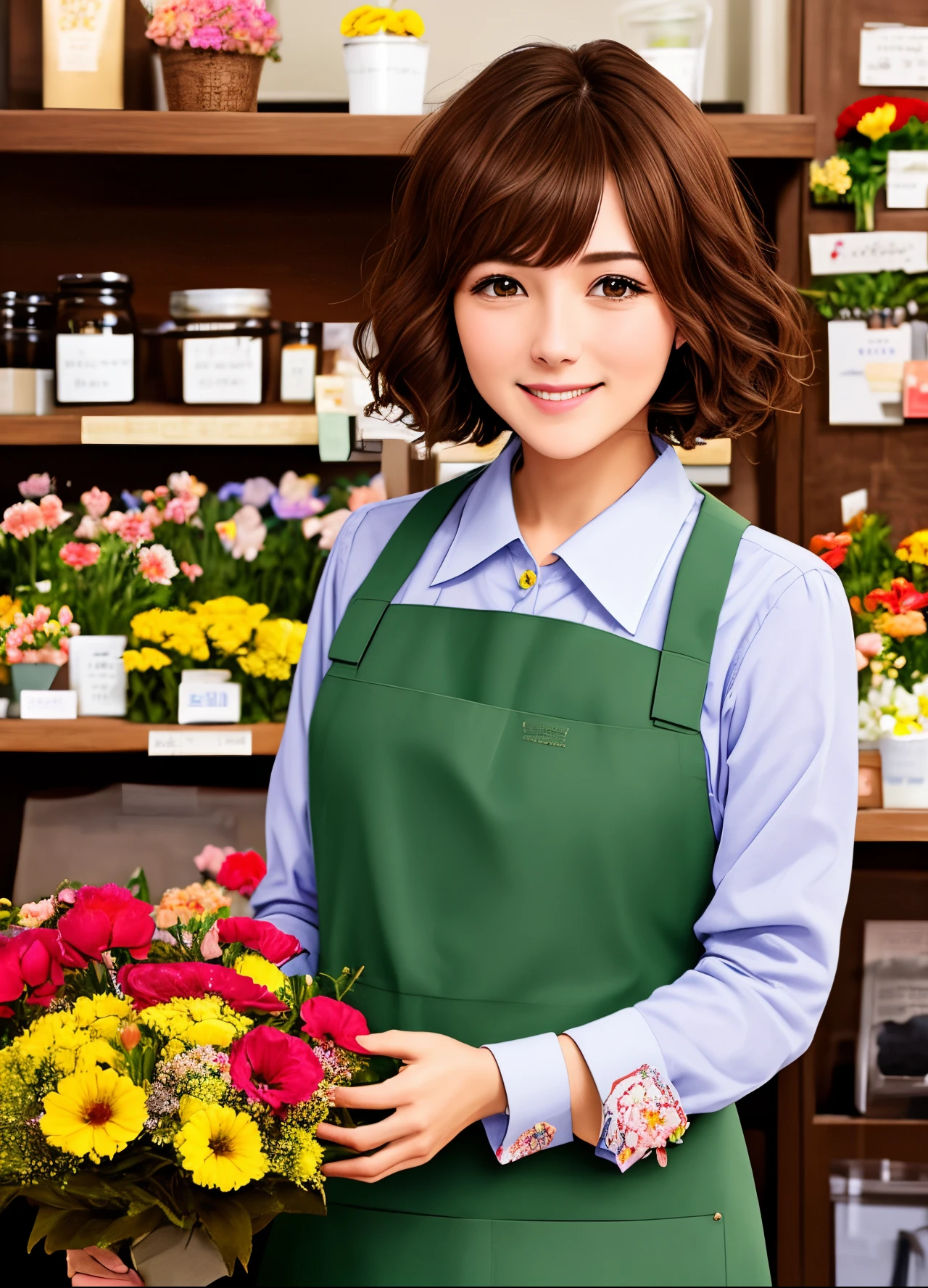 A married woman with brown hair and short bob、Looks like Yo Yoshida、I'm a clerk at a flower shop.。Cute in an apron。