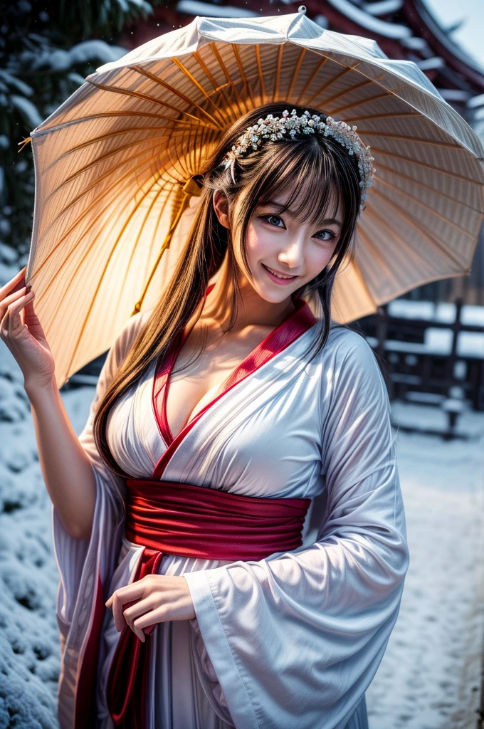 (masutepiece:1.3, Photorealsitic:1.4, 8K), top-quality, ​masterpiece, 超A high resolution, Perfect dynamic composition, Highly detailed skin and facial texture:1.3, A detailed eye, Detailed limbs, Night precincts in snowy country:1.2, 1girl in, Cute sexy 22 year old slim woman, Fair skin, ((Natural smile:0.9, Totally captivates you:1.0)), ((accurate shrine maiden costume)), ((voluptuous breasts:0.9)) (Facing the front, randome pose), (Beautiful blue eyes, Eyes that feel beautiful eros:0.85), Sexy face:0.4, (A mouthfeel that feels beautiful eros:0.85), ((Too cute beauty:0.9))