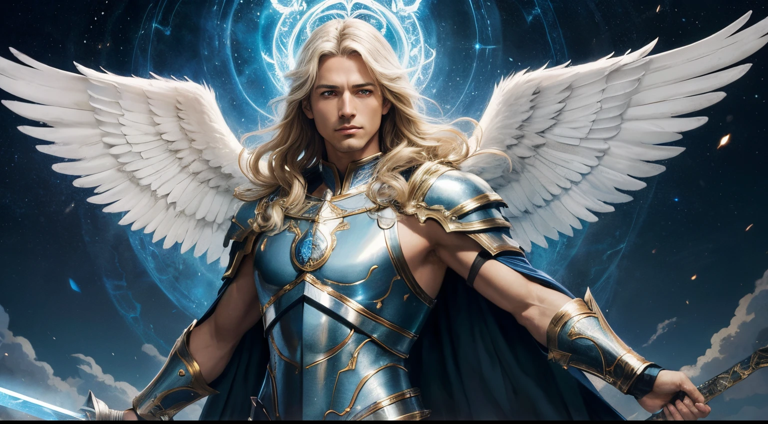 A mature man like powerful Archangel Michael, with a muscular constitution and blond hair, is in battle armor, flaming blue sword of golden pearls, a flaming sacred aura radiating from his body, extremely detailed white wings, fantasy male portrait, finely detailed angelic face, portrait of a beautiful angel, graphic artist magali villeneuve, holy spirit, a blue cape rippling in the wind and a background of spiritual sky. Rendered in UHD with a highly detailed and realistic painting style inspired by the works of fantasy art portrait, archangel, epic fantasy art portrait, (anime realism, photorealistic: 1.4), perfect composition, centered, inspired by the works of Roman Bezpalkiv, fantasy art behance, Laura Sava, Luis Royo --auto